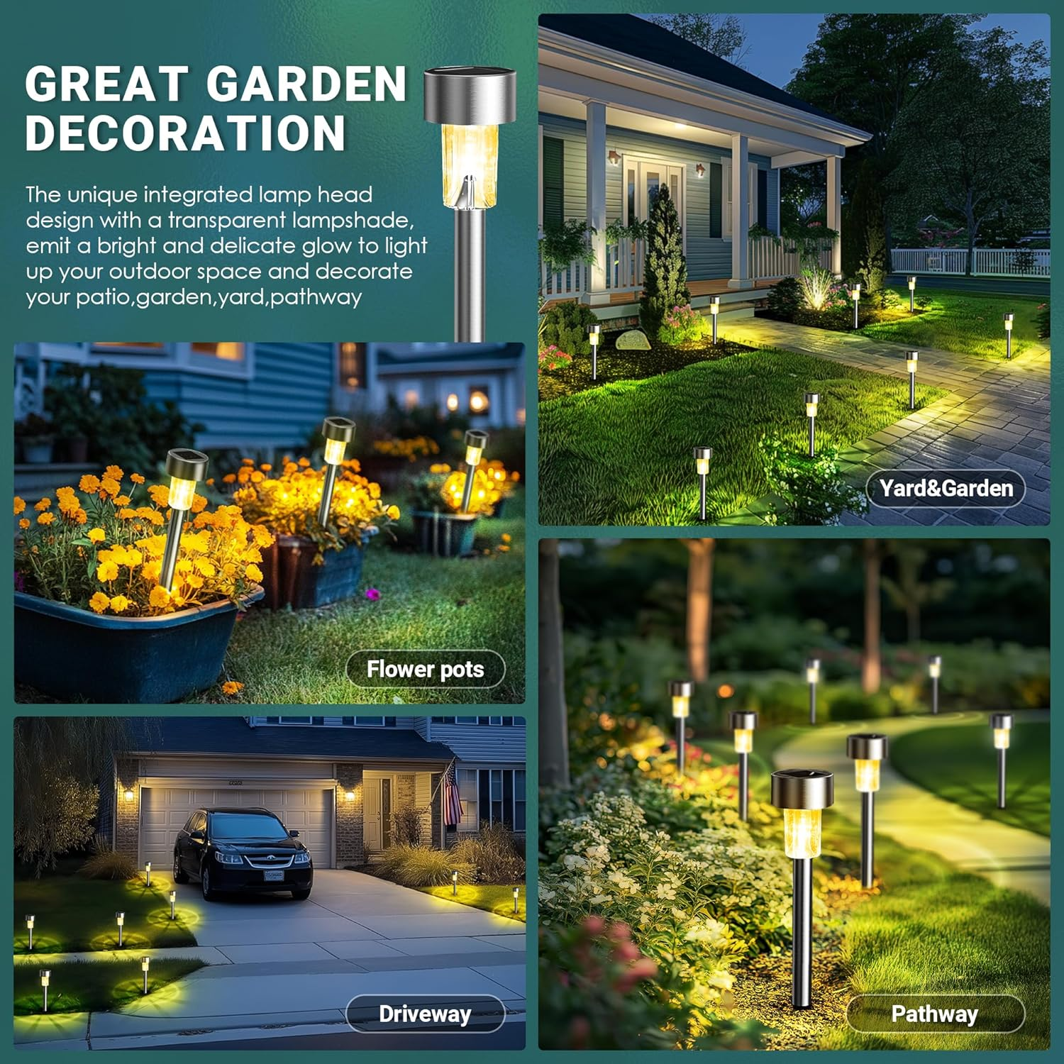 Das Bild zeigt Solar-Außenleuchten in verschiedenen Umgebungen: Garten, Weg und Einfahrt, die die Nacht erhellen.