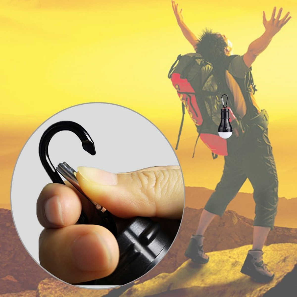 Person hebt Arme mit Rucksack. Eine kleine Lampe hängt. Hand öffnet einen Haken. Gelber Himmel. Bergwandern.