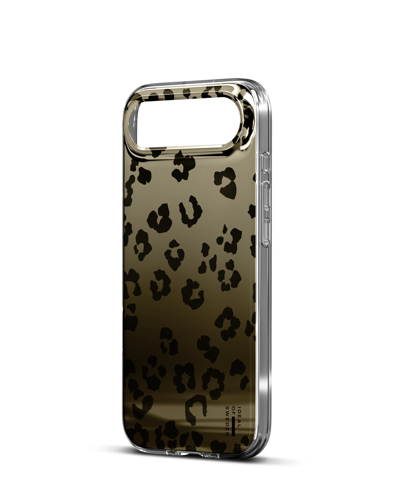 Eine Handyhülle mit Leopardenmuster. Sie ist goldfarben und transparent mit schwarzen Flecken. Die Hülle hat einen glänzenden goldenen Kameraring.