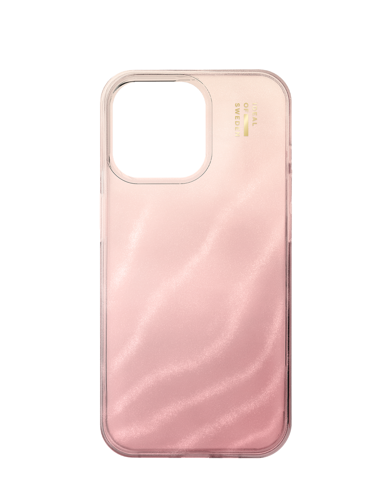 Eine transparente iPhone-Hülle mit rosa Farbverlauf. Die Hülle hat einen Kameraausschnitt und den Schriftzug 'IDEAL OF SWEDEN'.