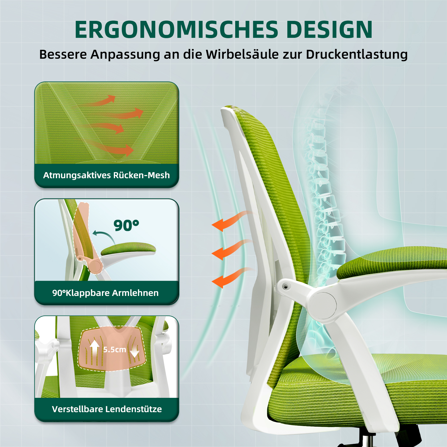 Ein ergonomischer Stuhl mit grünem Netzrücken und -sitz. Merkmale sind verstellbare Lendenwirbelstütze und 90-Grad-Klapparmlehnen.