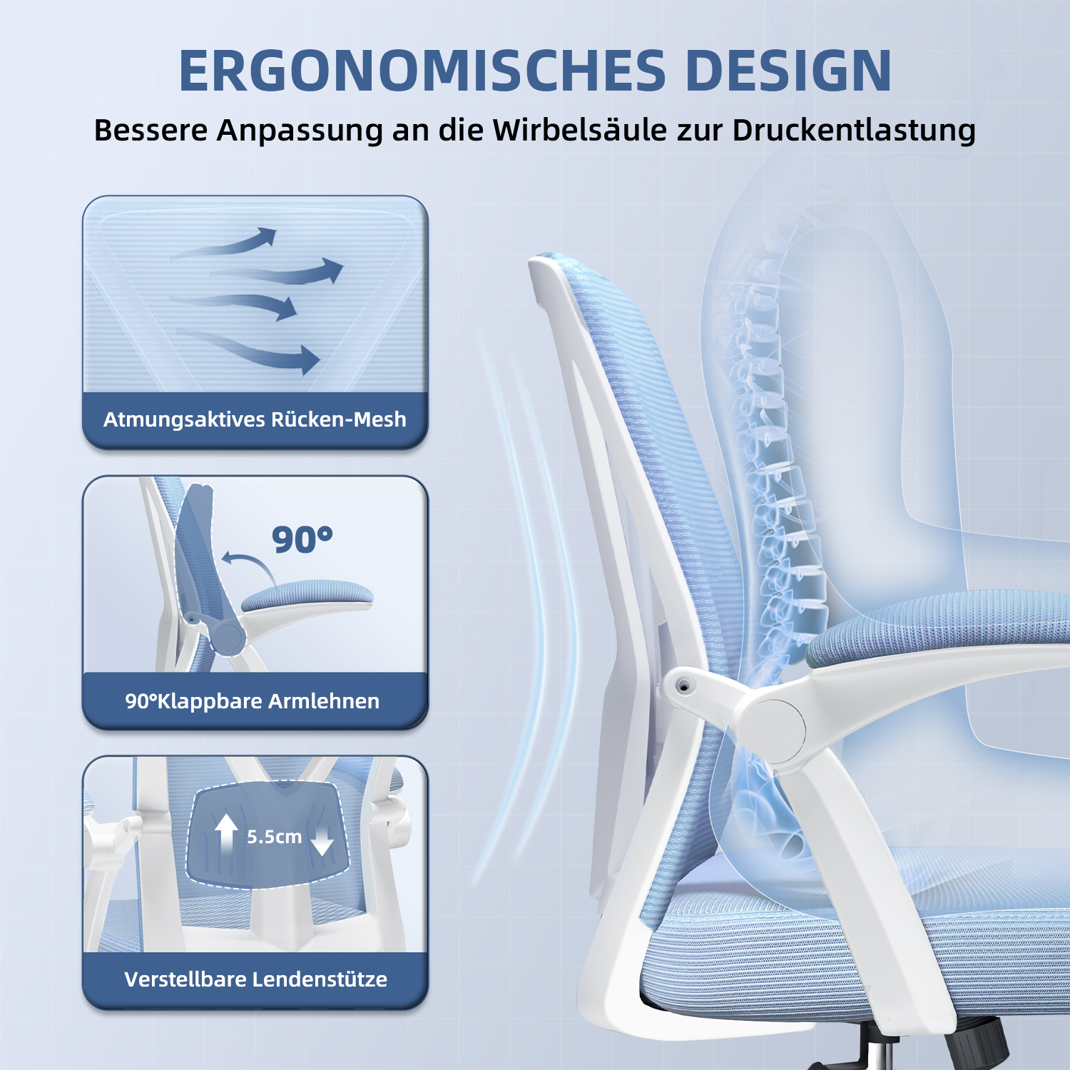 Ein ergonomischer Stuhl mit blauem Netzrücken und -sitz. Er verfügt über verstellbare Lendenwirbelstütze und klappbare Armlehnen.