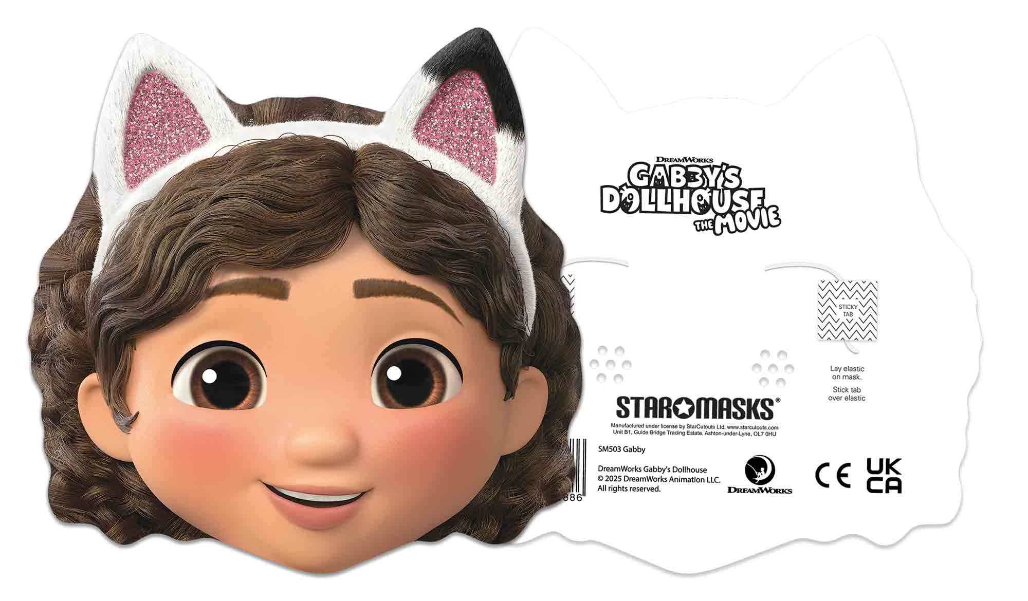 Gabby's Dollhouse Maske. Zeigt Gabby mit Katzenohren, braunen Haaren und großen braunen Augen. Die Maske enthält Anweisungen.