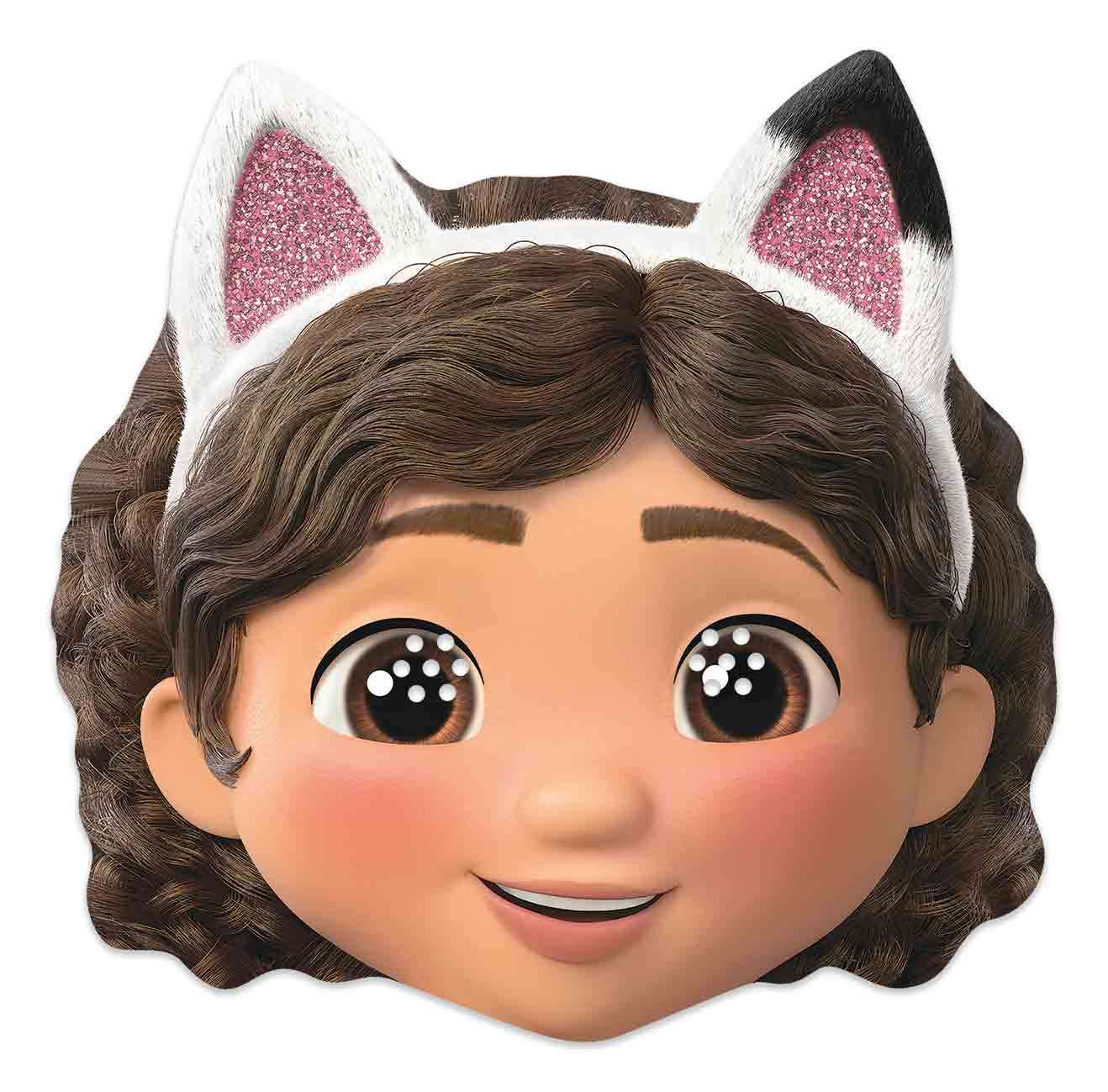 Ein Cartoon-Gesicht eines Mädchens mit einem Katzenohren-Haarreif. Die Ohren sind weiß mit rosa glitzernden Innenseiten, eines hat eine schwarze Spitze.