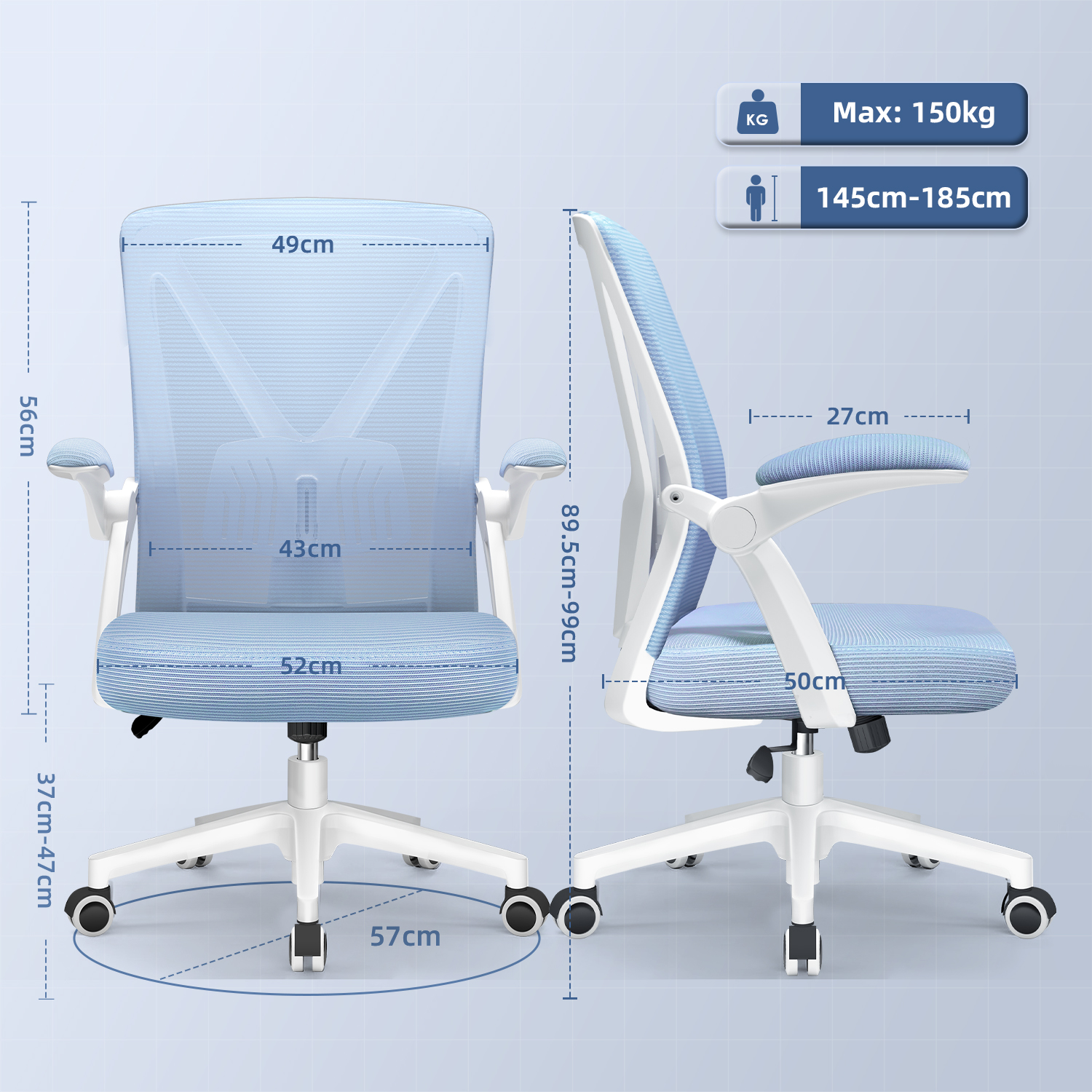 Blauer und weißer ergonomischer Bürostuhl. Abmessungen und Spezifikationen werden angezeigt, einschließlich Tragfähigkeit und Höhenbereich.