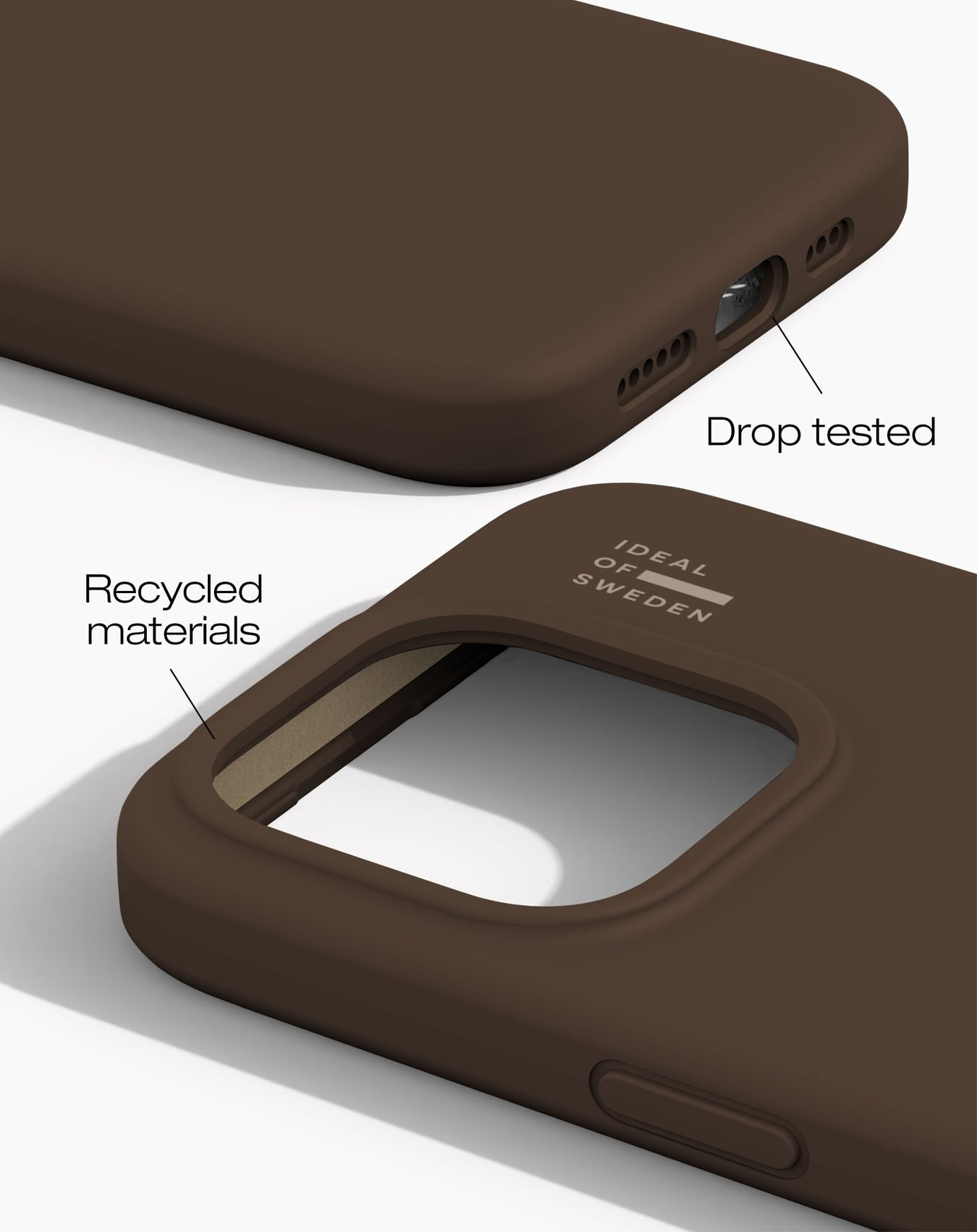Braune Handyhülle mit Text Ideal of Sweden, stoßgetestet und recycelte Materialien auf weißem Hintergrund.
