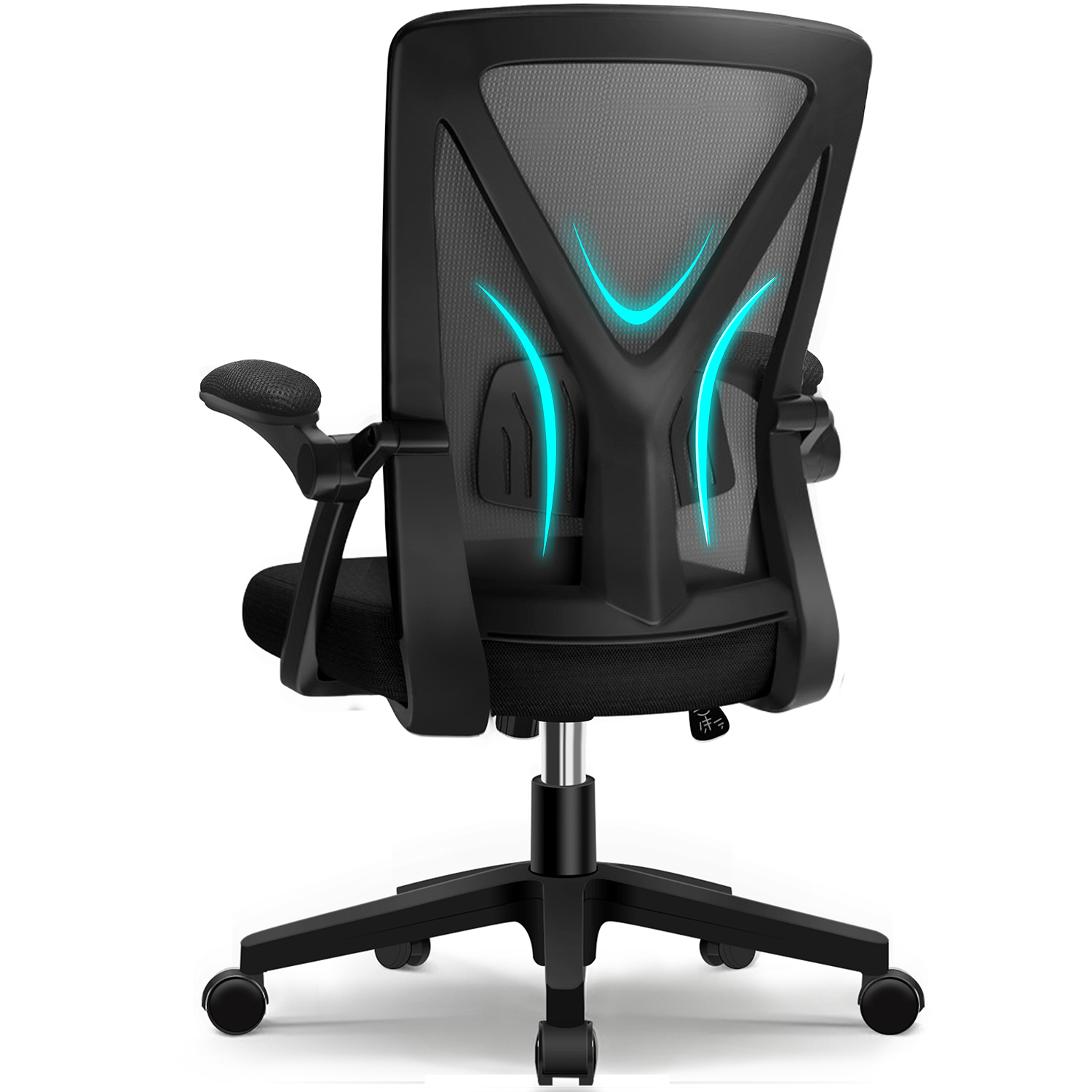 Ein schwarzer Bürostuhl aus Netzstoff. Die Rückenlehne hat ein geschwungenes Design mit blauen Highlight-Linien. Er hat Armlehnen und ein Fünf-Sterne-Gestell mit Rollen.