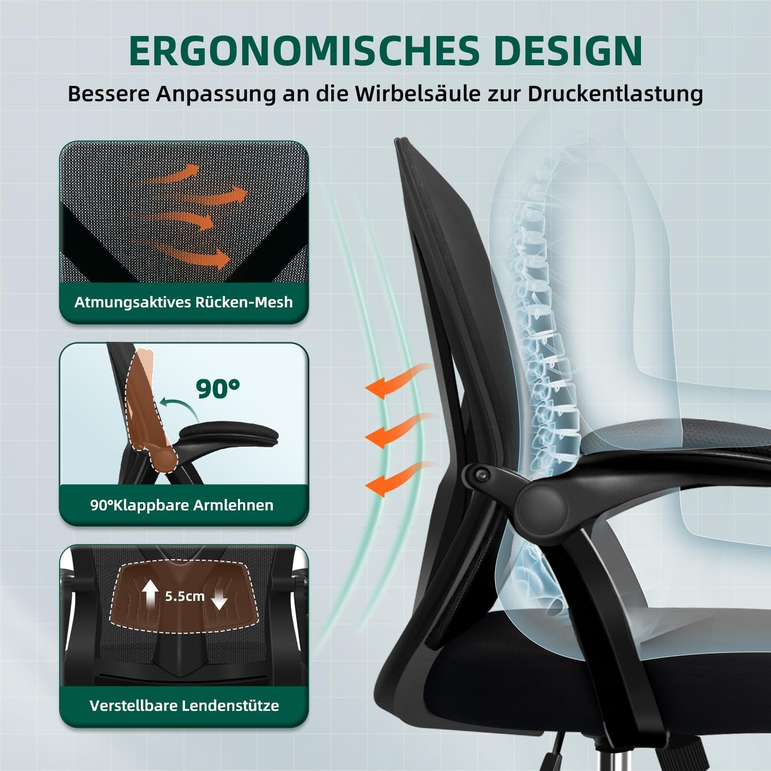 Ein ergonomischer Stuhl mit verstellbarer Lendenwirbelstütze, atmungsaktivem Mesh-Rücken und 90-Grad-verstellbaren Armlehnen.
