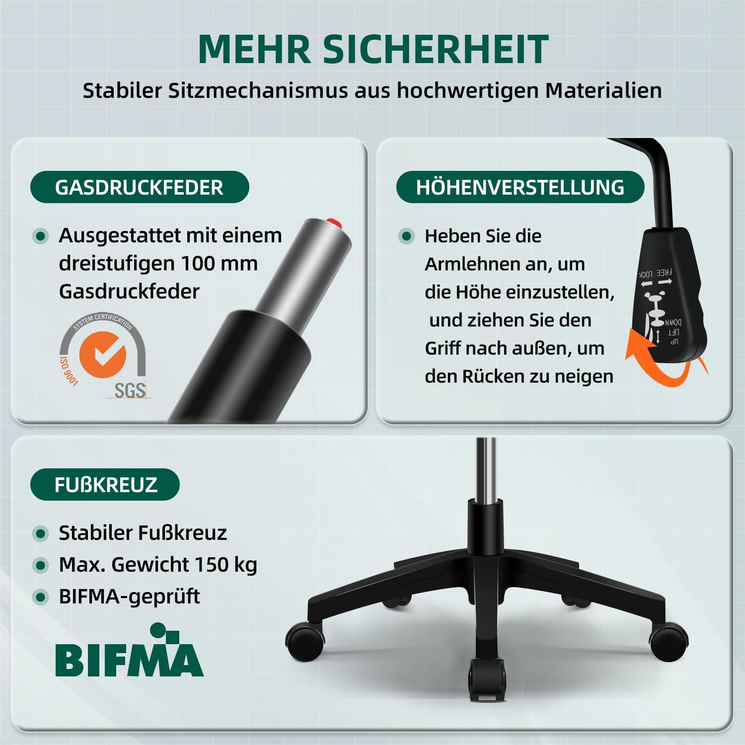 Ein Bild zeigt einen Stuhl mit Text. Es hebt Merkmale wie eine Gasfeder, Höhenverstellung und eine stabile Basis hervor. Text ist auf Deutsch.