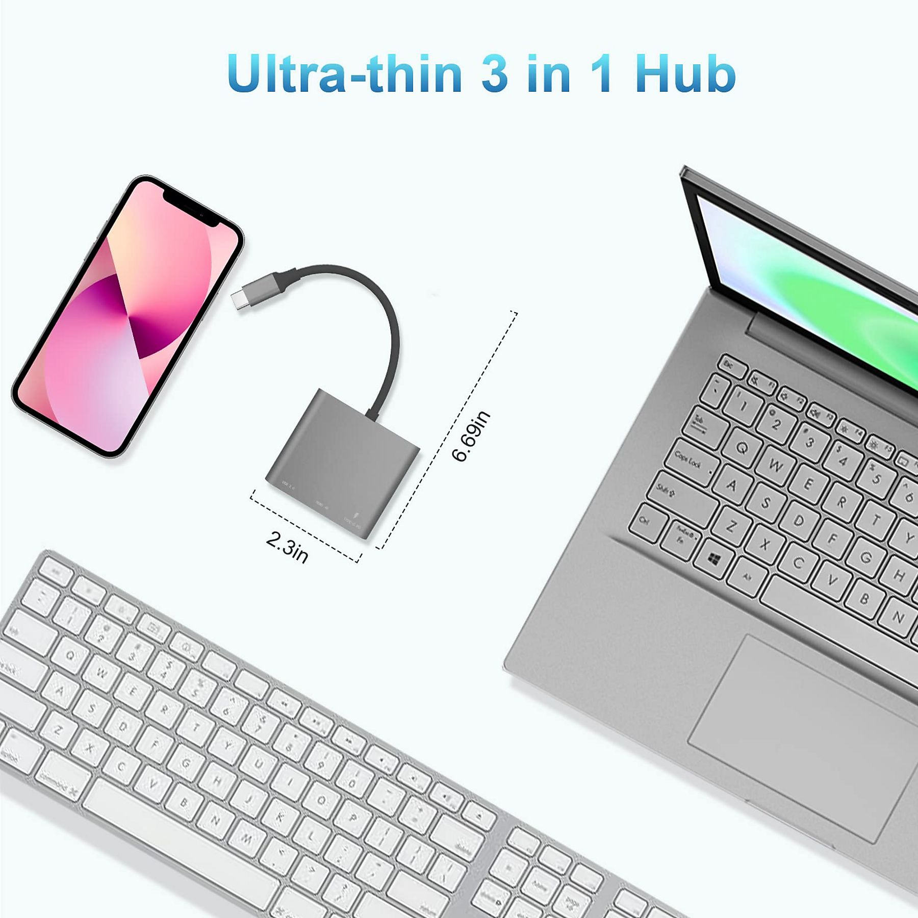Das Bild zeigt einen Hub, ein Telefon, einen Laptop und eine Tastatur. Der Hub verbindet Geräte. Das Telefon zeigt einen rosa Hintergrund.