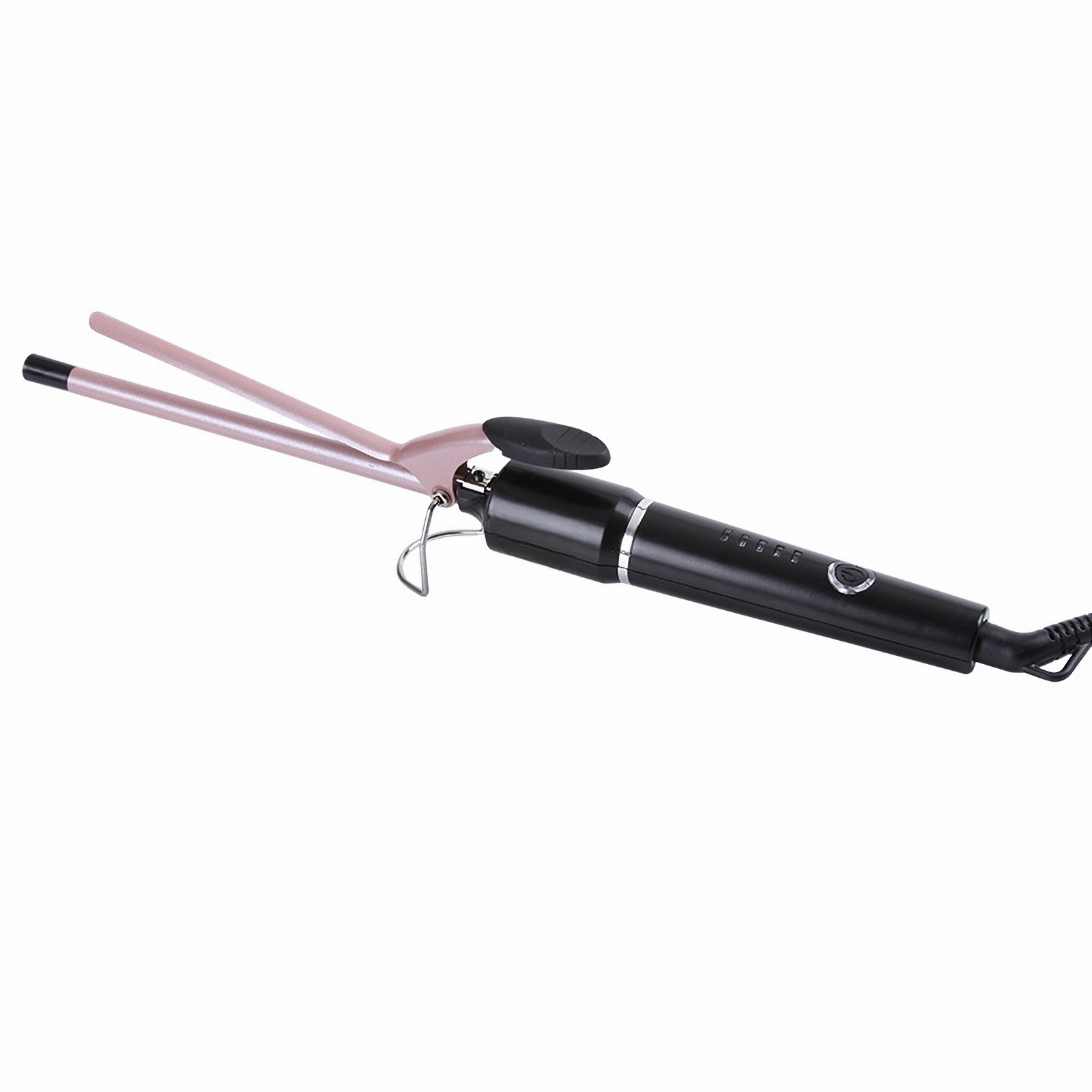Ein Lockenstab mit rosa Zangen und einem schwarzen Griff. Das Bügeleisen ist auf weißem Hintergrund, das Kabel ist sichtbar.