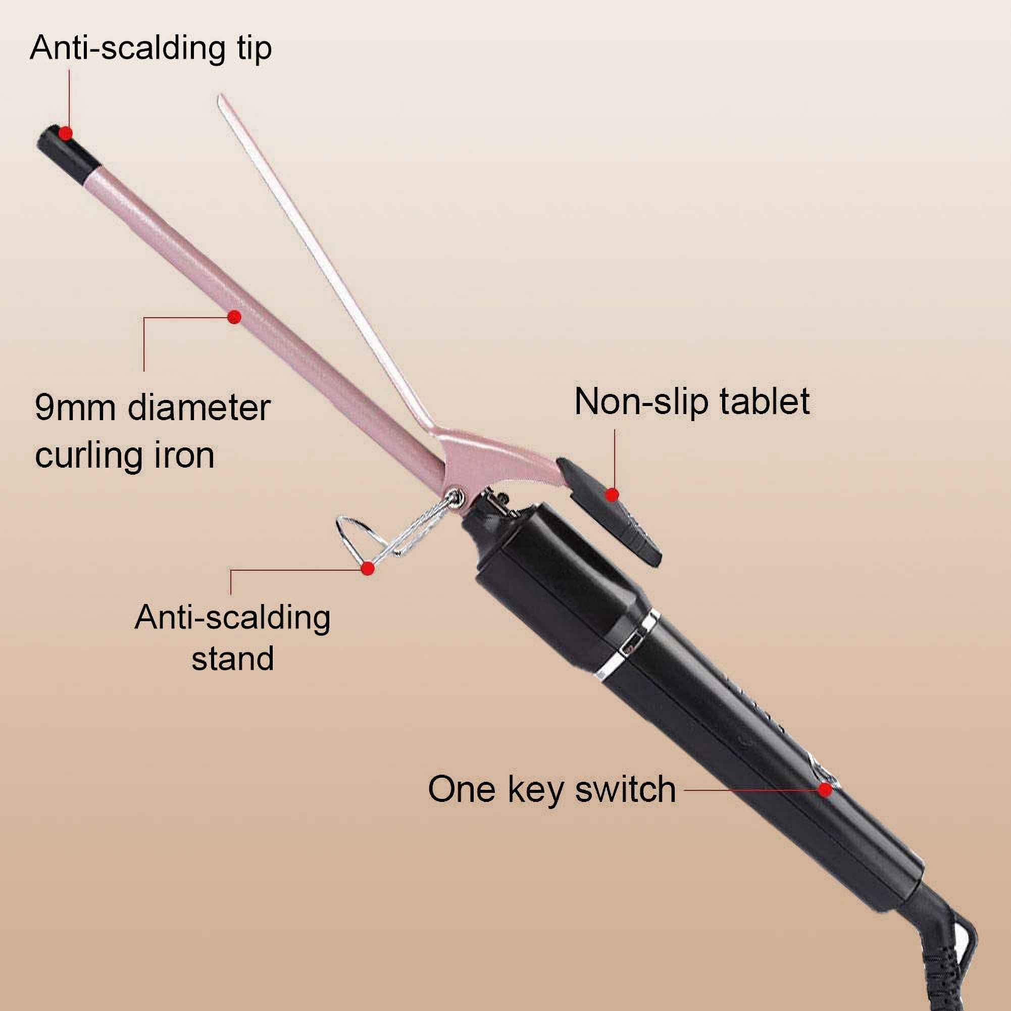 Ein Lockenstab mit schwarzem Griff, rosa Lauf und mehreren Sicherheitsmerkmalen.