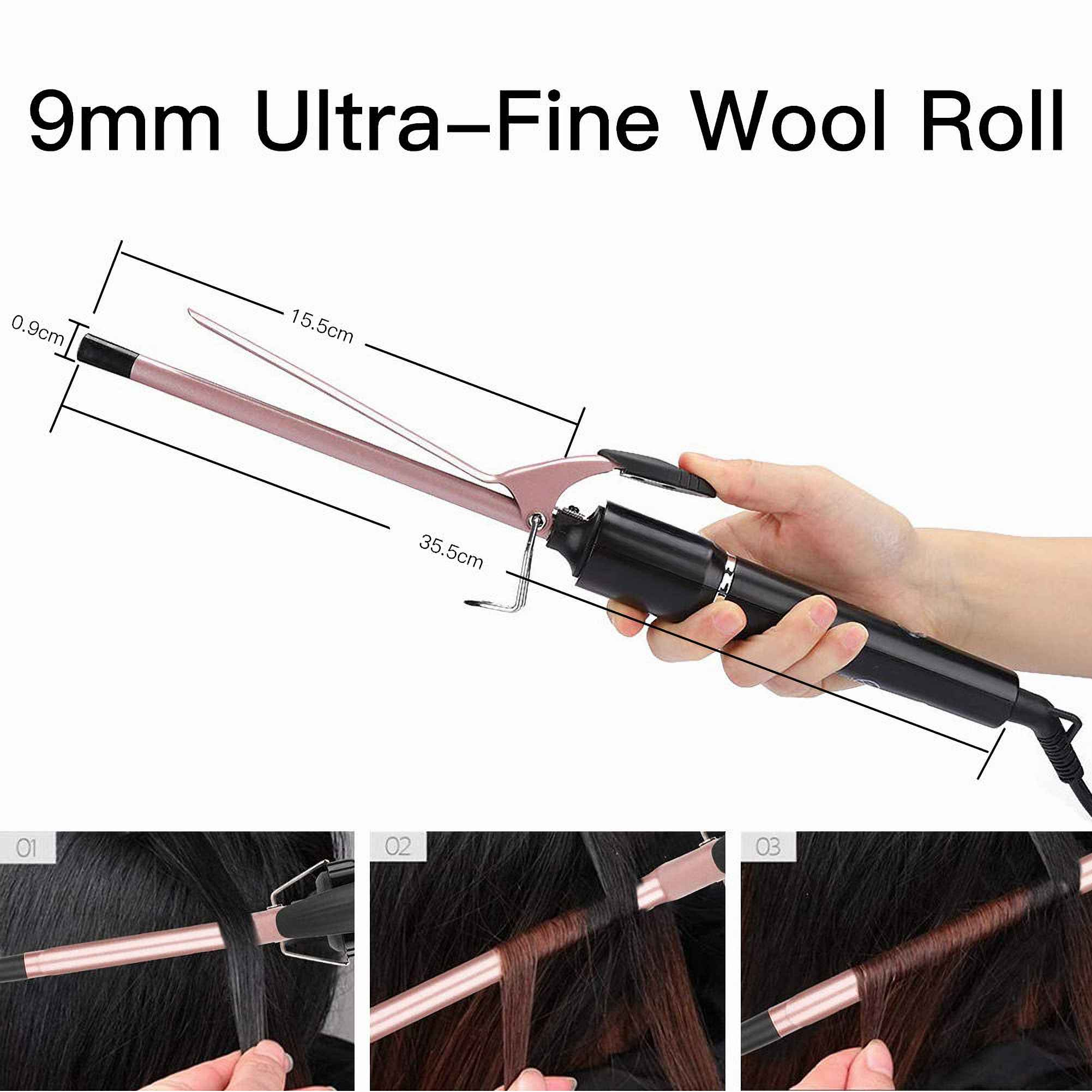 Ein Lockenstab mit beschrifteten Abmessungen. Darunter wird das Haar in den Schritten 01, 02 und 03 gelockt. Der Text lautet: 9mm Ultra-Fine Wool Roll.