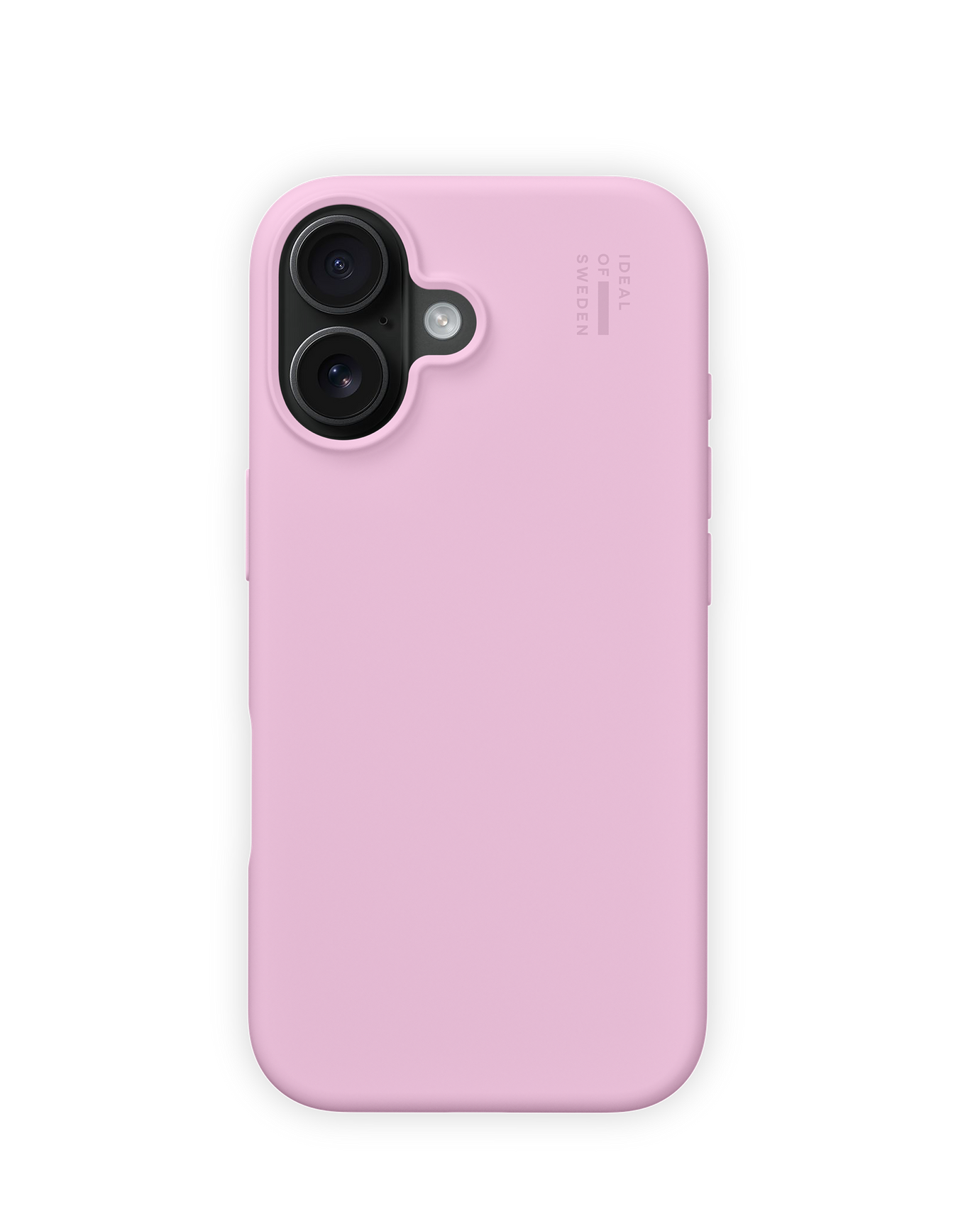 Eine rosa Handyhülle mit Kameralinsen, Blitz und Branding auf schwarzem Hintergrund. Die Hülle ist glatt und abgerundet.