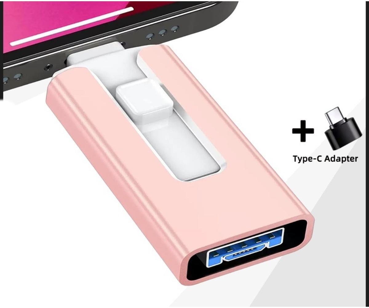 Ein roségoldener USB-Adapter ist an ein Telefon angeschlossen. Daneben wird ein Typ-C-Adapter gezeigt.