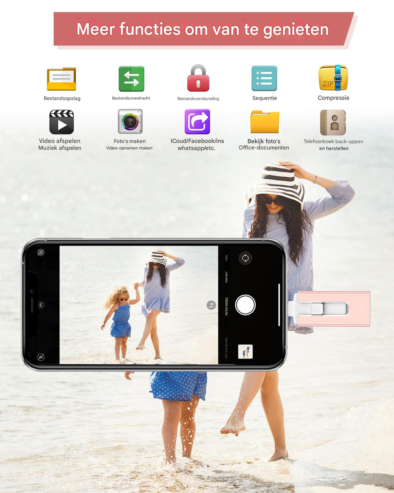 Eine Frau und ein Kind gehen am Strand spazieren. Auf dem Telefon ist ein Foto von ihnen zu sehen. Ein rosa USB-Stick ist angeschlossen.
