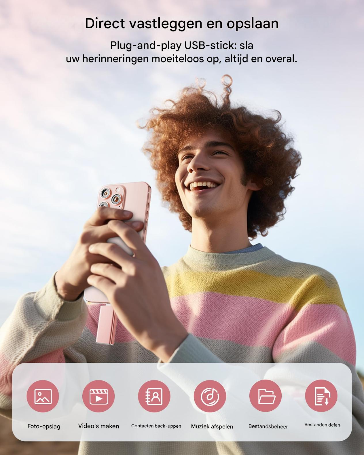 Ein lächelnder Mann hält ein rosa Telefon. Text lautet 'Direct vastleggen en opslaan'. Symbole sind unter dem Text vorhanden.