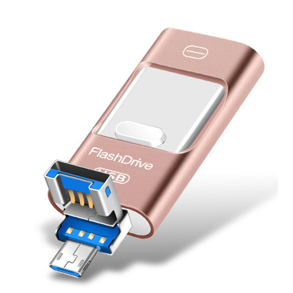 Ein roségoldener Flash-Laufwerk mit USB-Anschluss. Der USB-Anschluss ist blau und silber. Das Laufwerk befindet sich auf weißem Hintergrund.