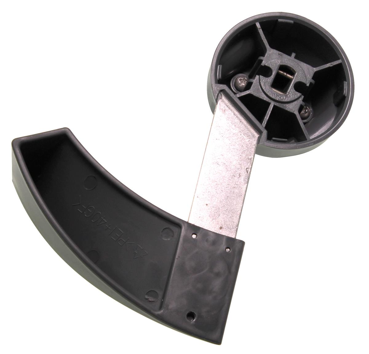 Eine schwarze Kunststoff- und Metallkomponente. Es hat einen gebogenen Griff, einen metallischen Arm und eine kreisförmige Basis mit Schrauben.