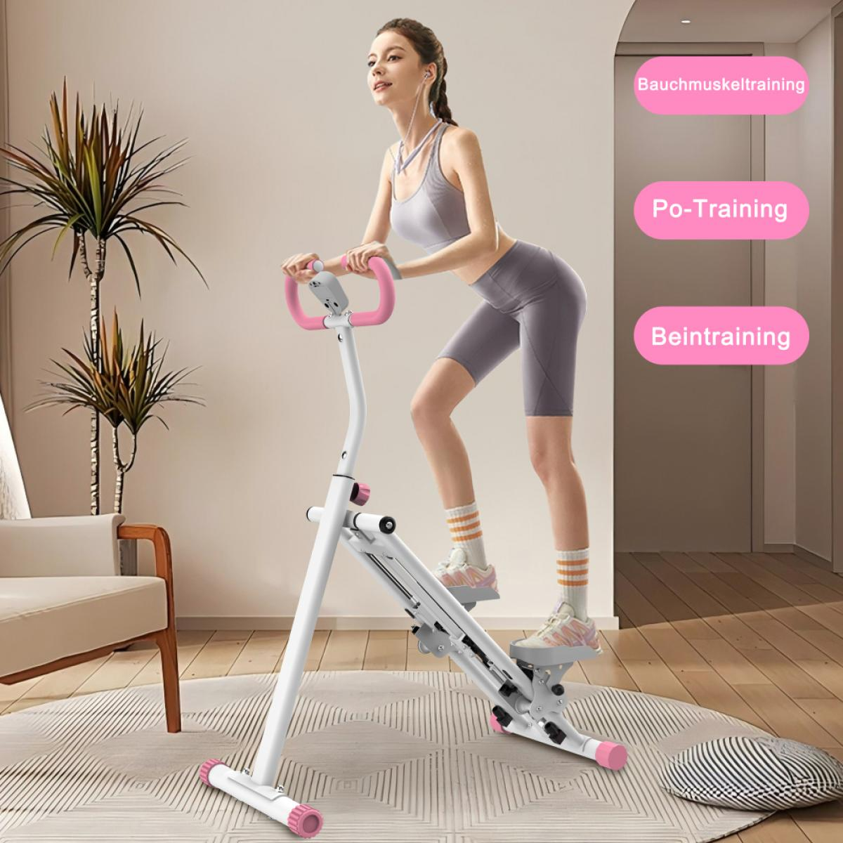 Eine Frau trainiert auf einer weiß-rosa Maschine. Sie trägt graue Sportkleidung und Turnschuhe. Text kennzeichnet die Trainingsarten.