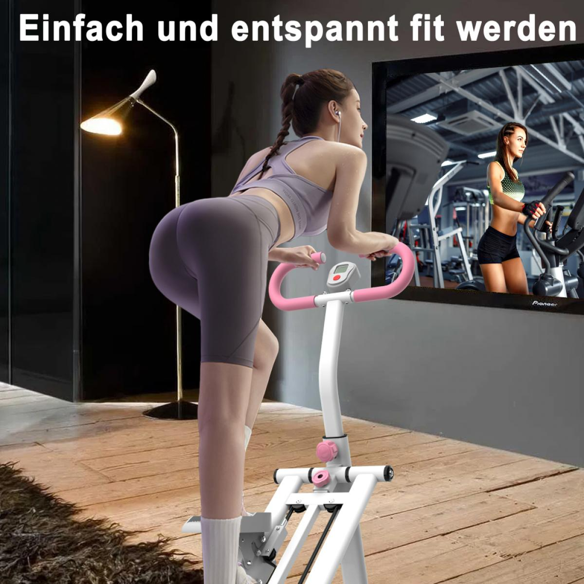 Frau trainiert auf einem rosa-weißen Gerät. Spiegelbild zeigt eine andere Frau auf einem Crosstrainer. Holzfußboden, dunkler Hintergrund.
