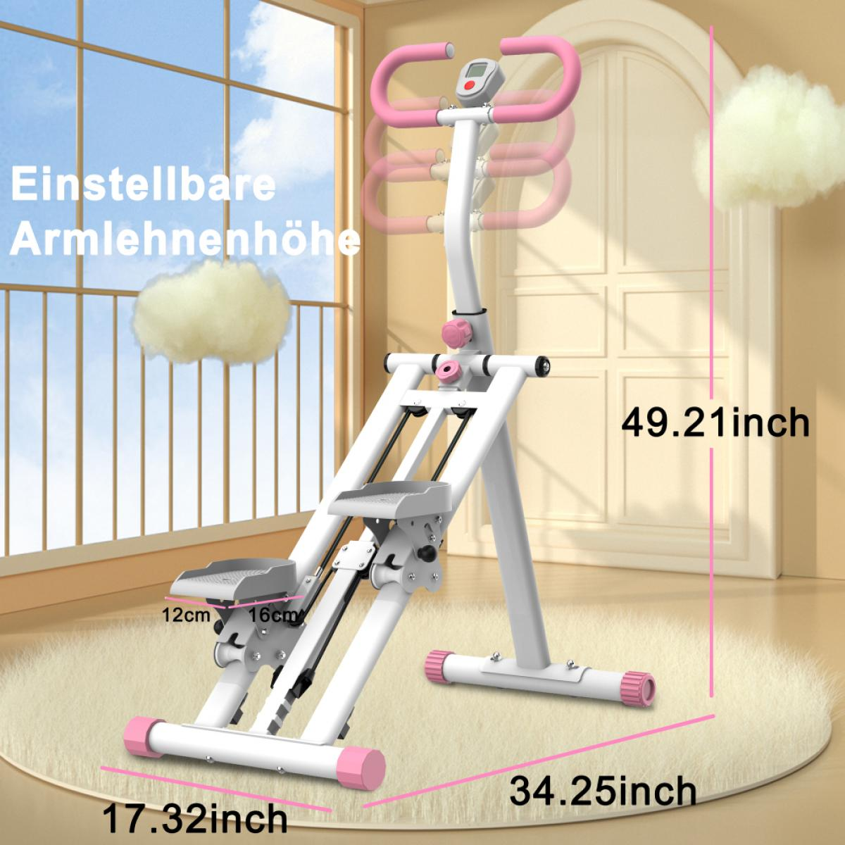 Weißer und rosa Treppenstepper mit beschrifteten Abmessungen. Der Hintergrund zeigt ein Fenster mit Wolken und Text auf Deutsch.