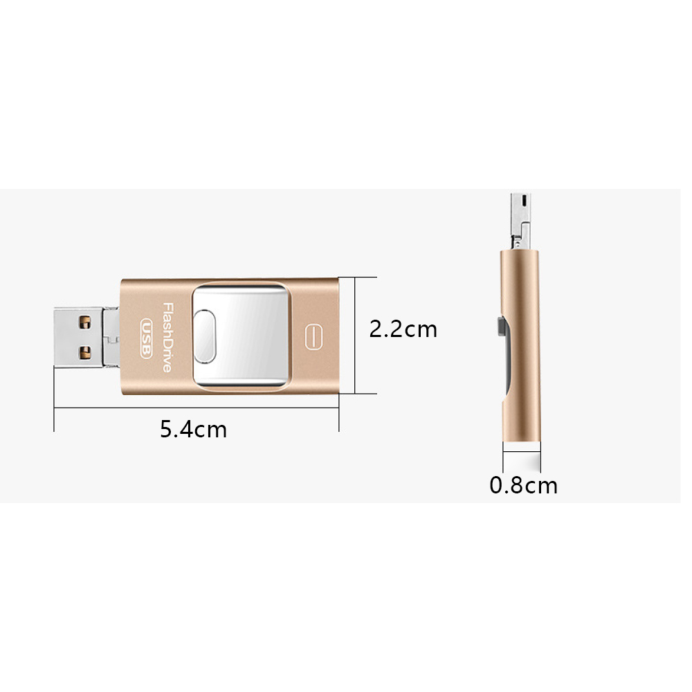 Ein goldener USB-Stick mit der Aufschrift 'USB FlashDrive'. Abmessungen sind angegeben. Die Festplatte wird aus zwei Winkeln detailliert dargestellt.
