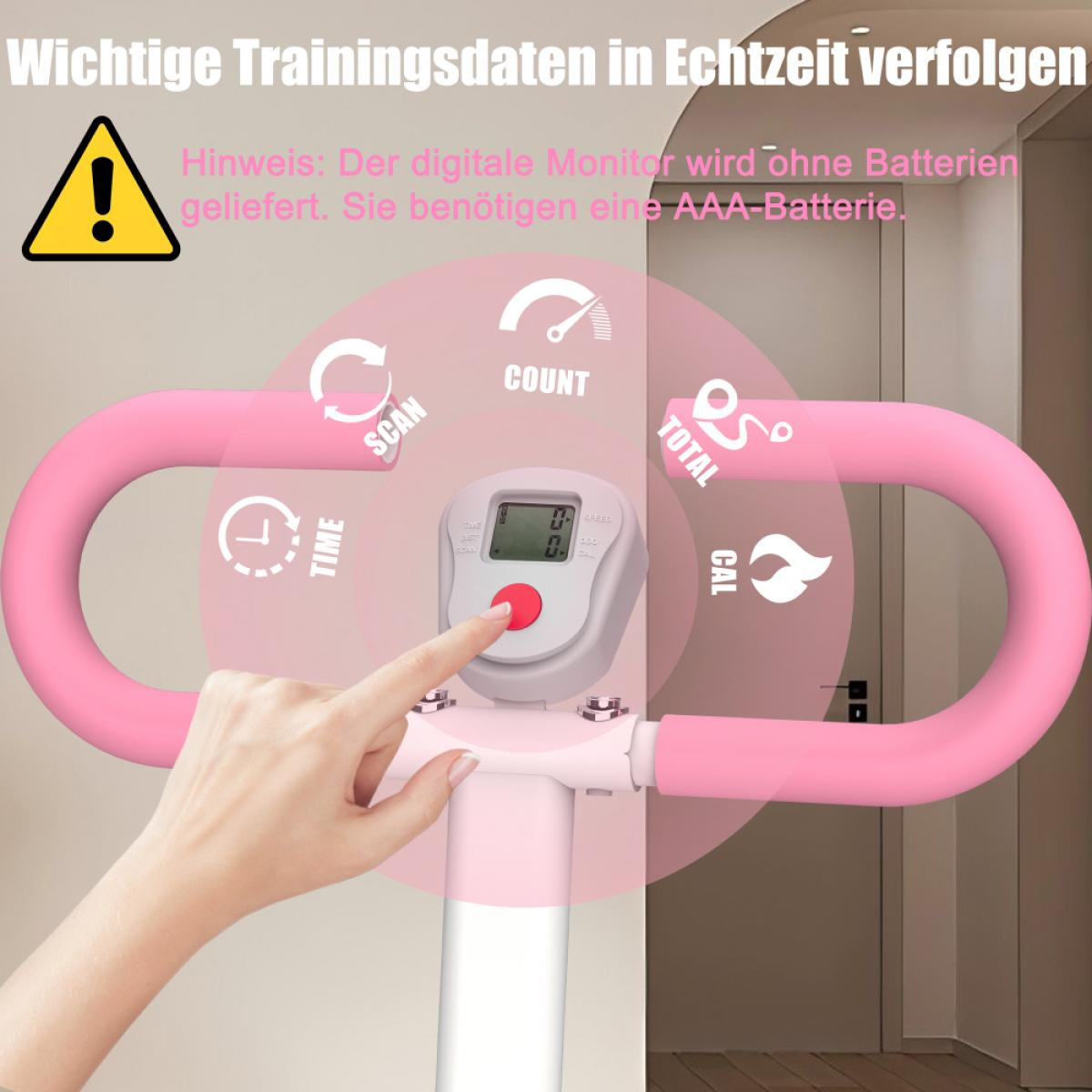 Eine Hand drückt einen roten Knopf auf einem Fitnessmonitor. Der Monitor zeigt Trainingsdaten an. Rosa Griffe umrahmen das Gerät.