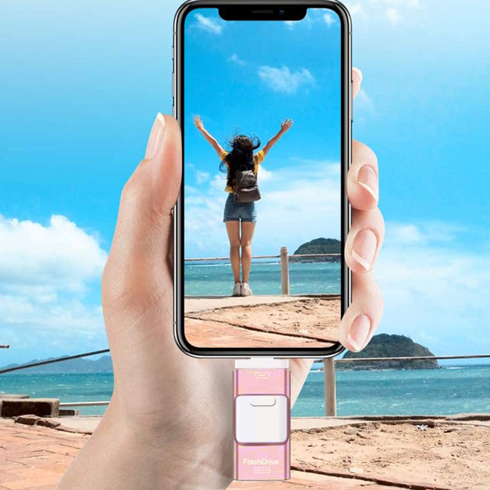 Eine Hand hält ein Telefon, das eine Frau mit erhobenen Armen am Strand zeigt. Ein Flash-Laufwerk ist mit dem Telefon verbunden.