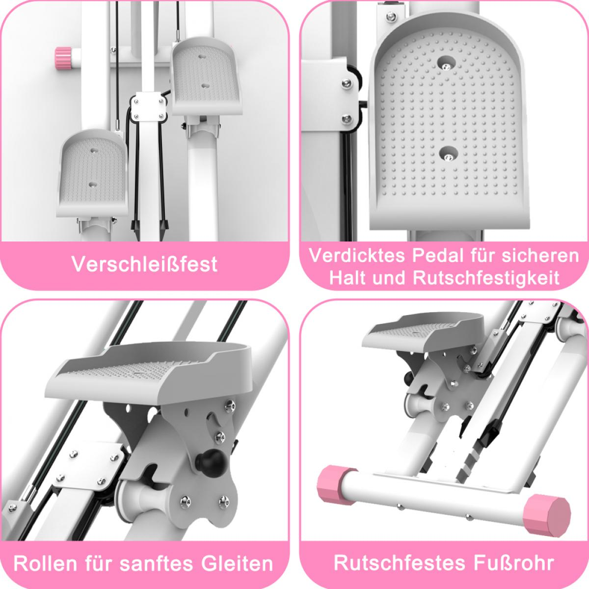 Fitnessgerät mit weißen und rosa Teilen. Es hat Pedale, Rohre und einen rosa Griff. Der Hintergrund ist weiß.