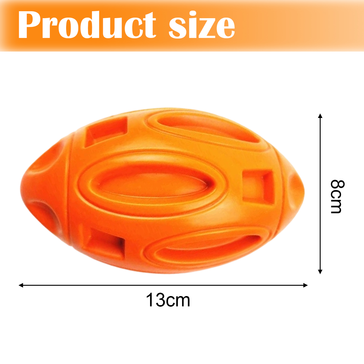 Ein orangefarbenes, footballförmiges Hundespielzeug. Es hat Löcher und ist 13 cm lang und 8 cm hoch. Der Text 'Produktgröße' steht darüber.