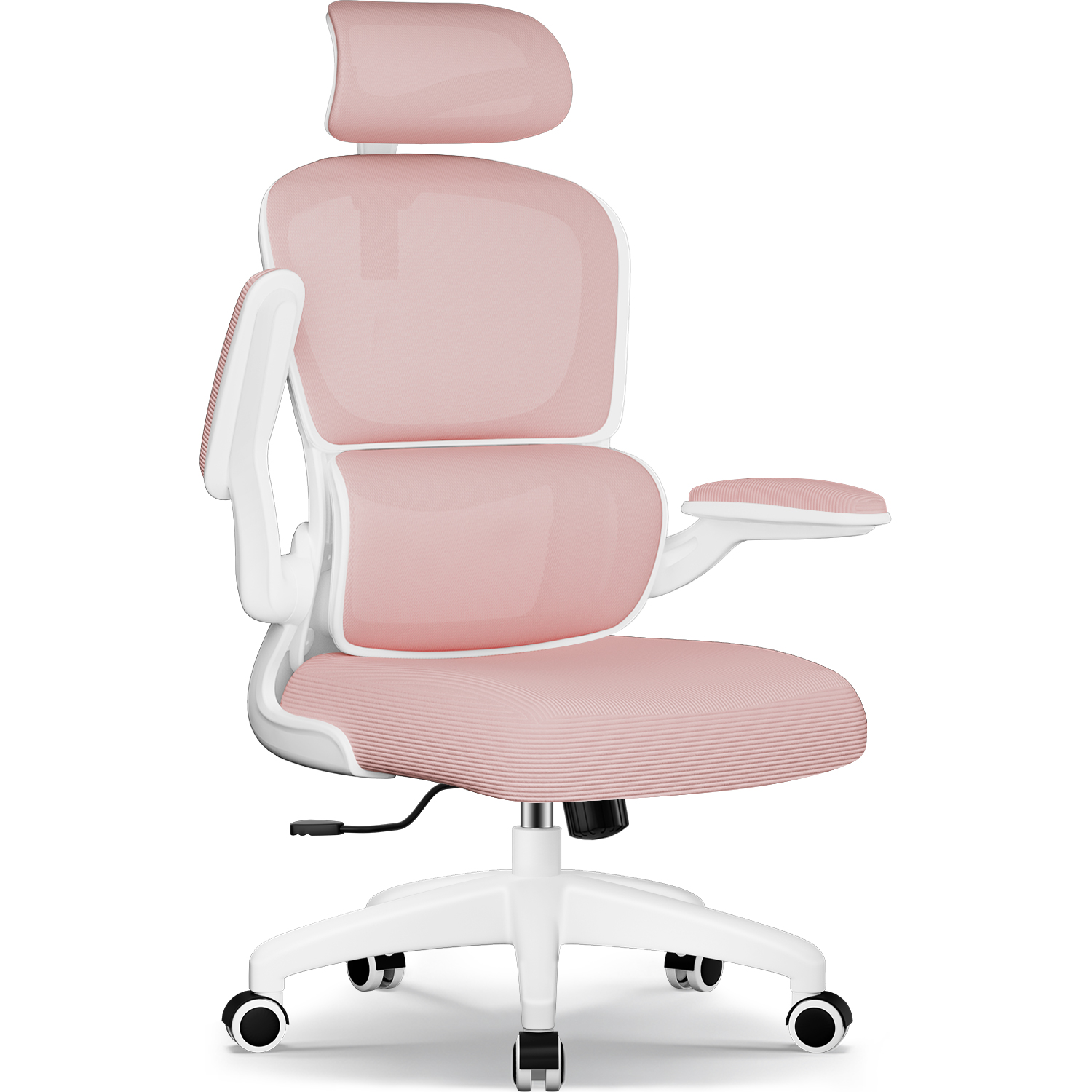 Ein moderner Bürostuhl mit rosa Netzrücken und Sitz. Er hat ein weißes Gestell und verstellbare Armlehnen. Der Stuhl steht auf Rollen.