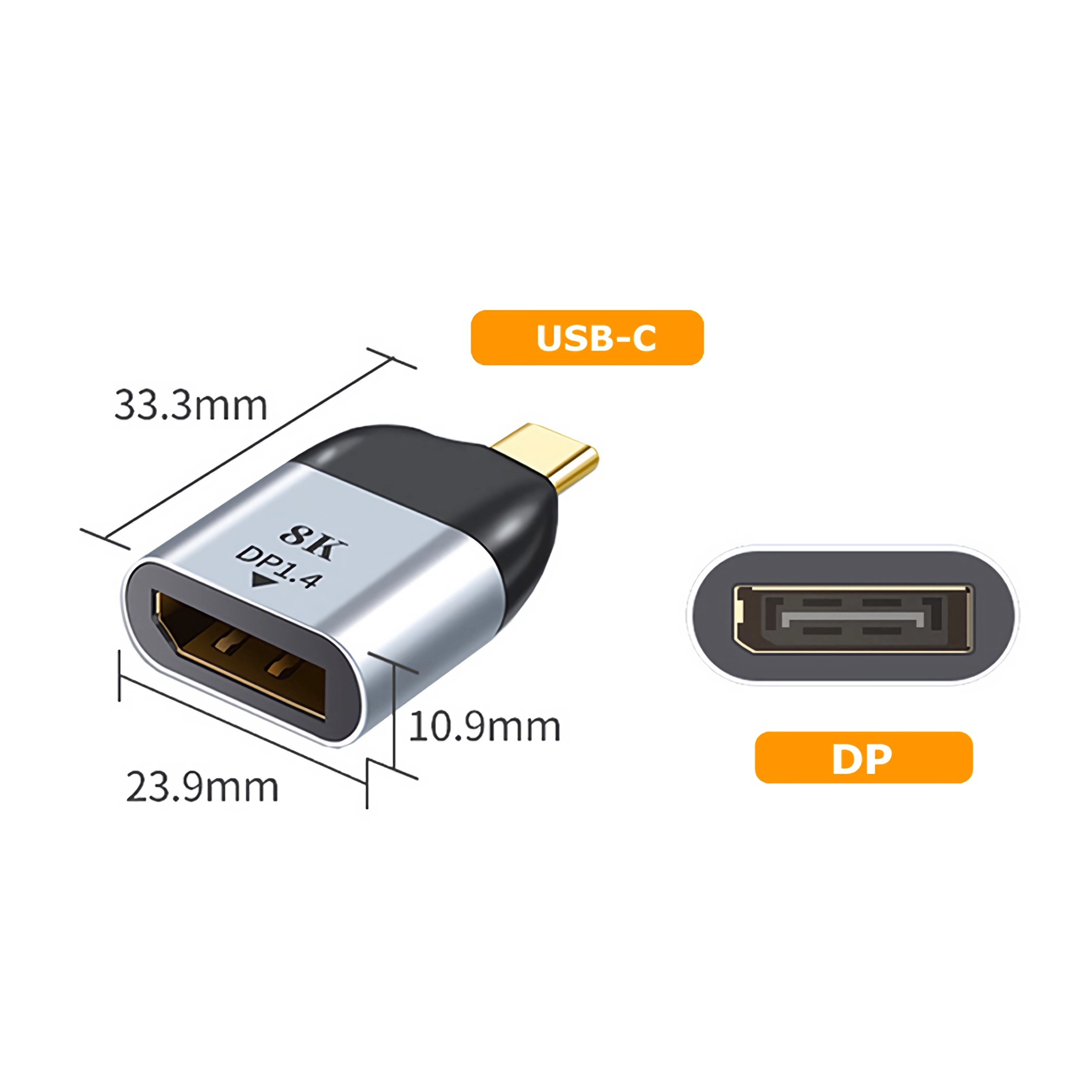 Adapter mit USB-C- und DP-Anschlüssen, silber-schwarz. Abmessungen: 33,3 mm x 23,9 mm x 10,9 mm. DP- und USB-C-Etiketten vorhanden.