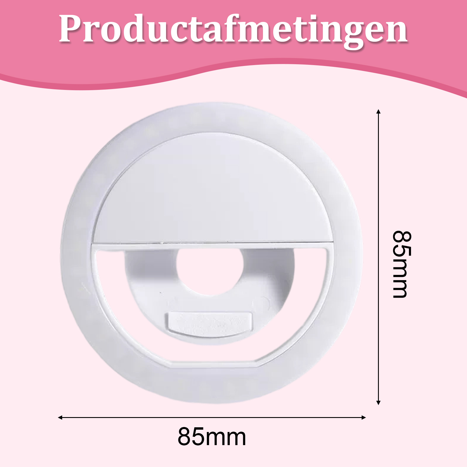 Weißes Ringlicht mit 85 mm Abmessungen, rosa Hintergrund, Text 'Productafmetingen'.
