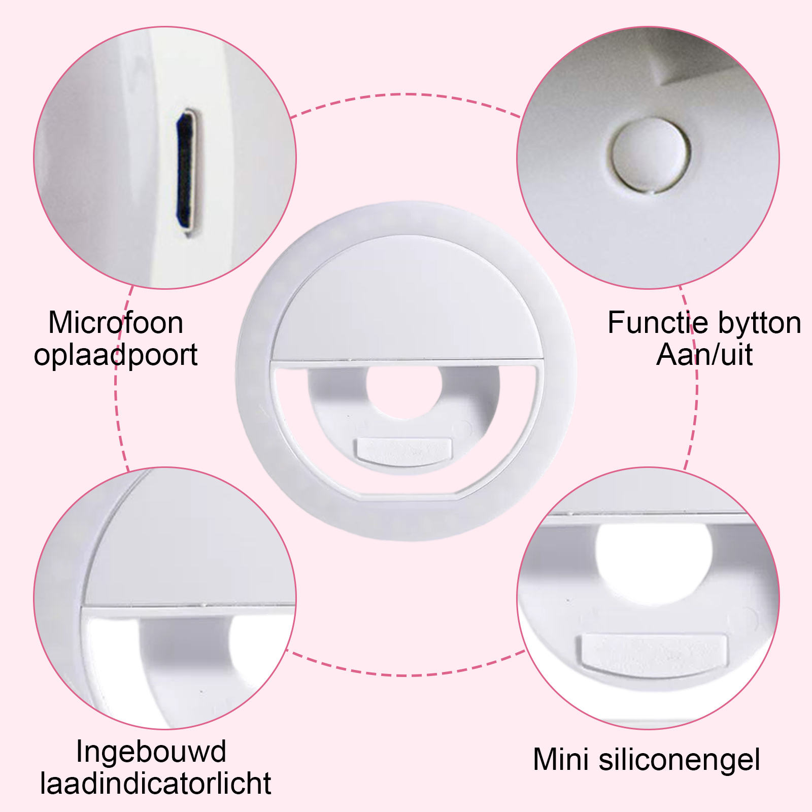 Weißes Ringlicht mit vier beschrifteten Abschnitten: Mikrofonanschluss, Funktionstaste, Kontrollleuchte und Mini-Silikonengel.