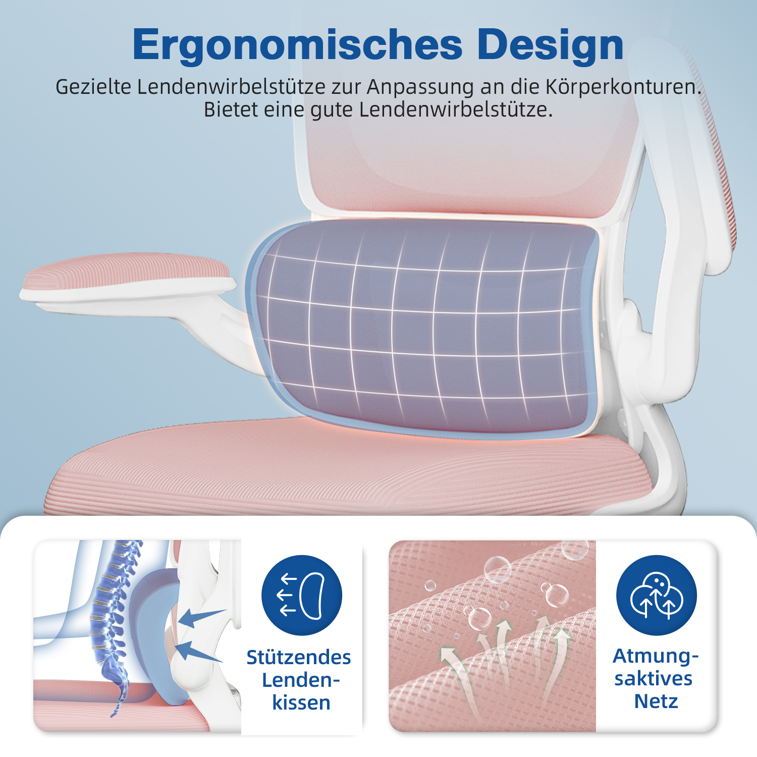 Ein ergonomischer Stuhl mit rosa Sitzfläche und Rückenlehne, mit Lendenwirbelstütze und atmungsaktivem Mesh. Er hat weiße Armlehnen und einen Rahmen.