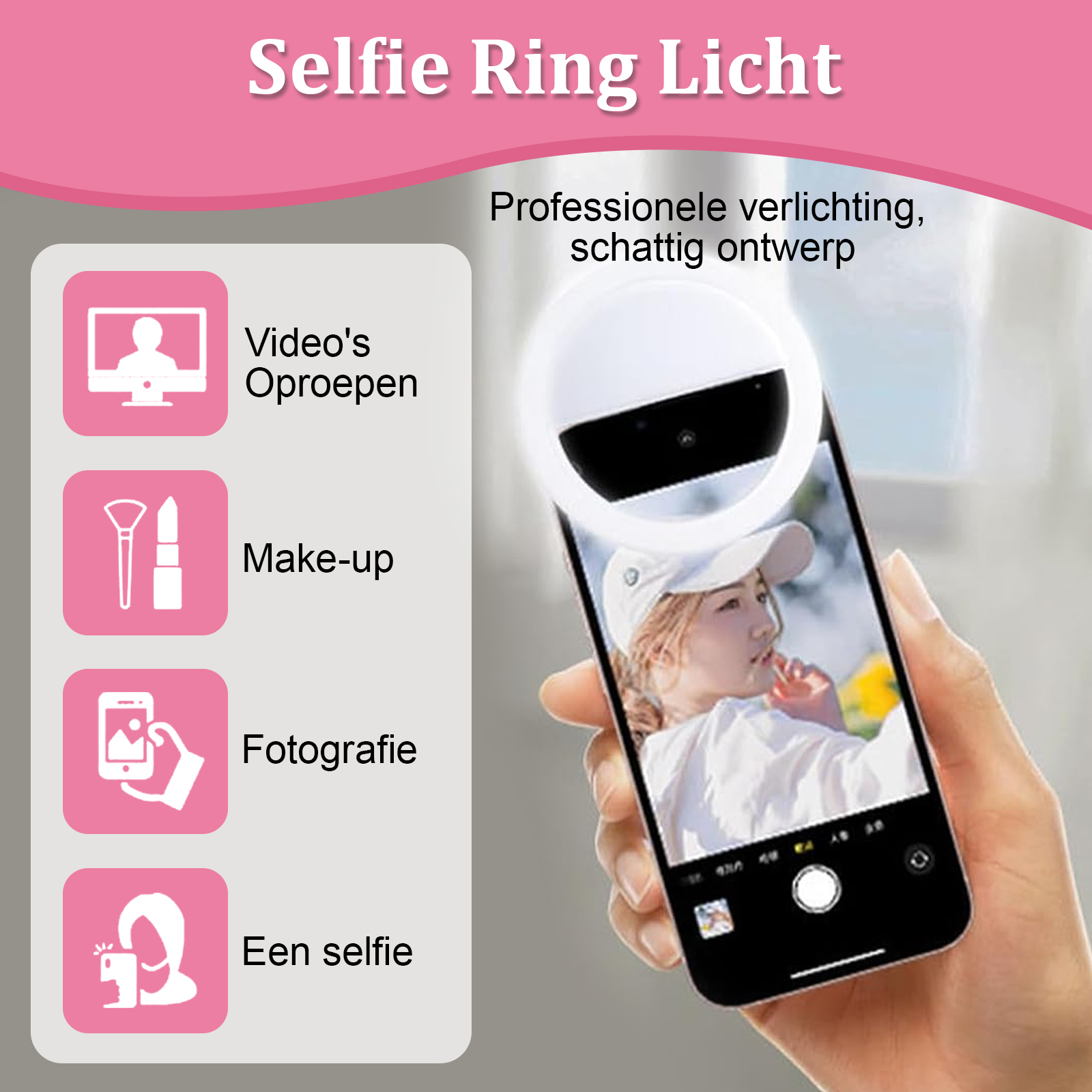 Eine Hand hält ein Telefon, mit dem eine Frau ein Selfie mit einem Ringlicht macht. Texte beschreiben Videoanrufe, Make-up und Fotografie.