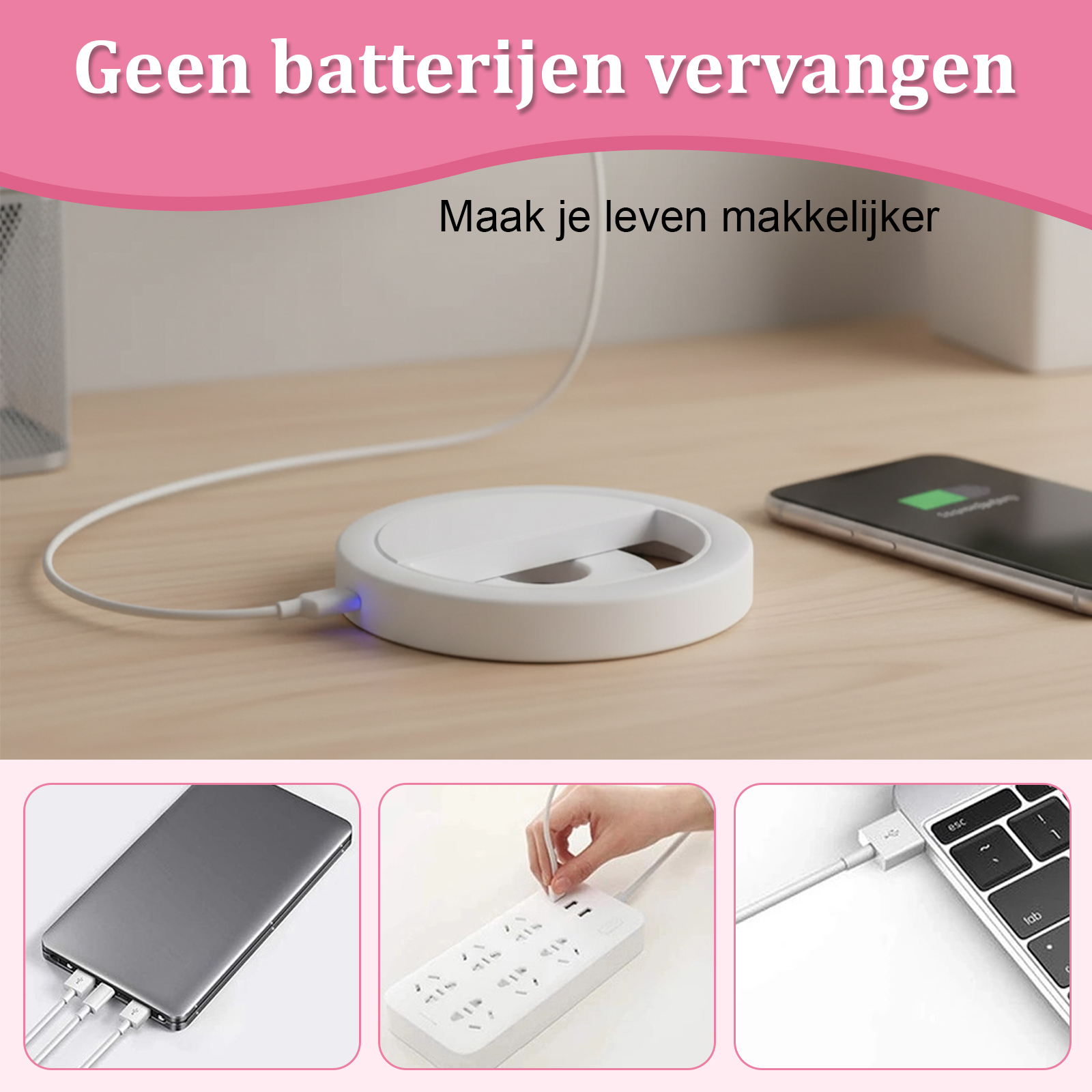 Das Bild zeigt ein Ladepad mit einem Telefon und Netzadaptern. Text: Kein Batteriewechsel, macht das Leben einfacher.