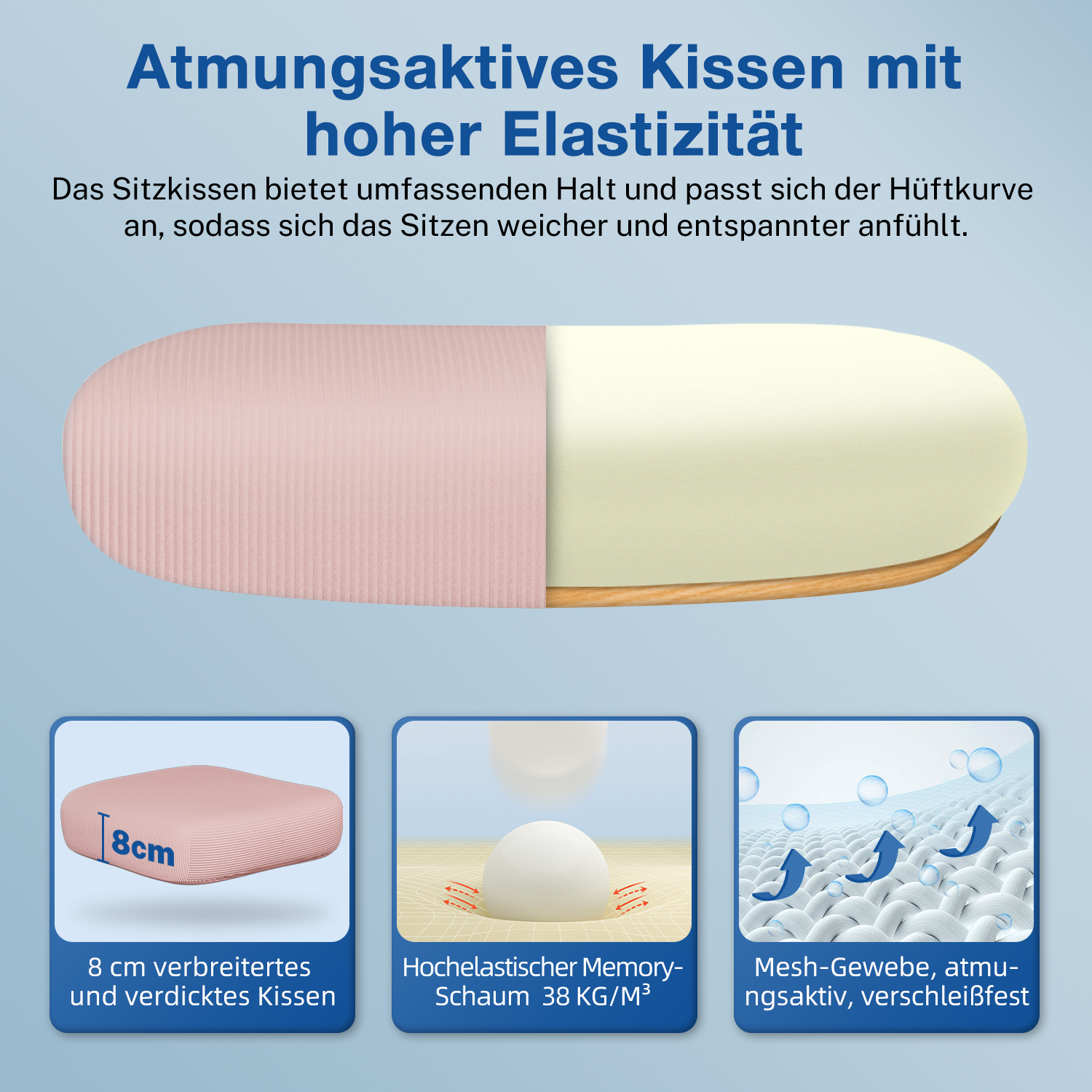 Das Bild zeigt ein Kissen mit hoher Elastizität. Es hat ein rosa und cremefarbenes Farbschema. Es gibt auch Details zu den Eigenschaften des Kissens.