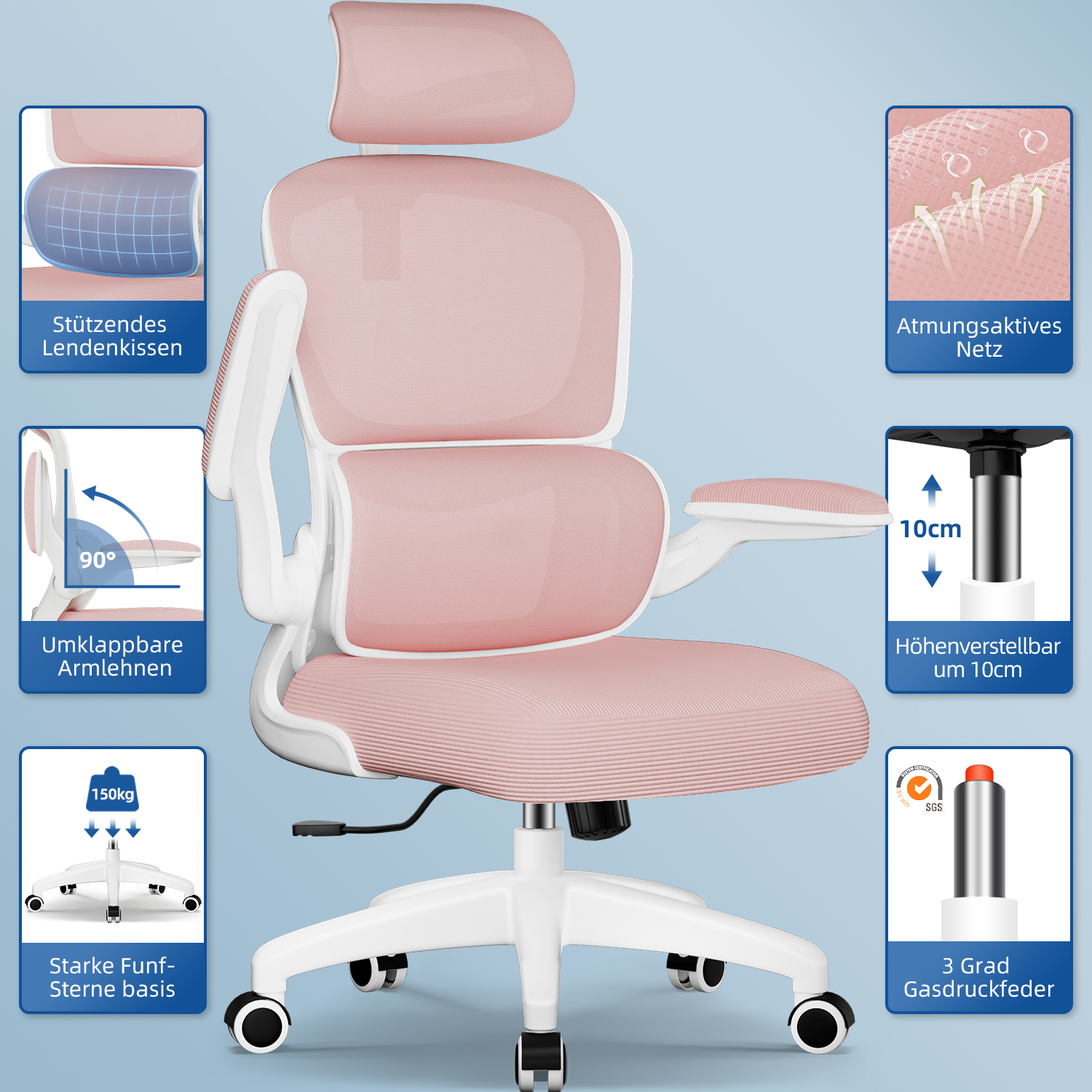 Ein ergonomischer Bürostuhl in Rosa und Weiß. Er hat eine Kopfstütze, atmungsaktives Mesh, verstellbare Armlehnen und eine Fünf-Sterne-Basis.