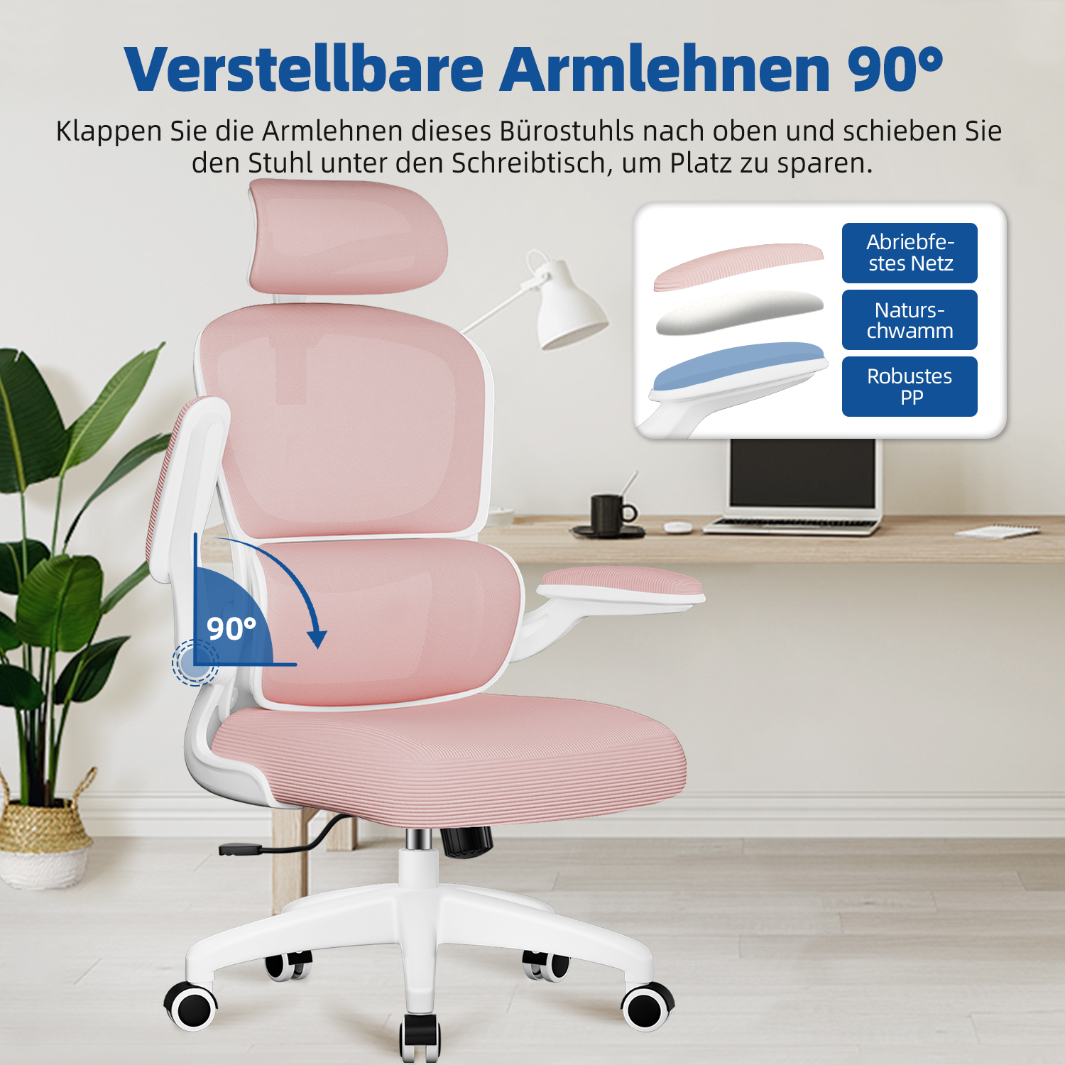 Rosa-weißer Bürostuhl mit verstellbaren Armlehnen. Ein Diagramm zeigt die 90-Grad-Bewegung. Auch Text auf Deutsch vorhanden.