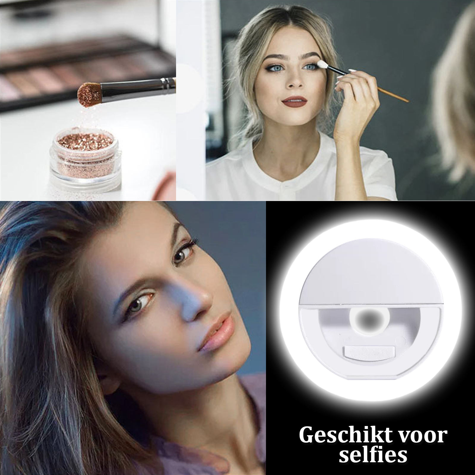 Make-up-Szene: Glitzer, Pinsel, Frau, die Lidschatten aufträgt, und ein Selfie-Licht.
