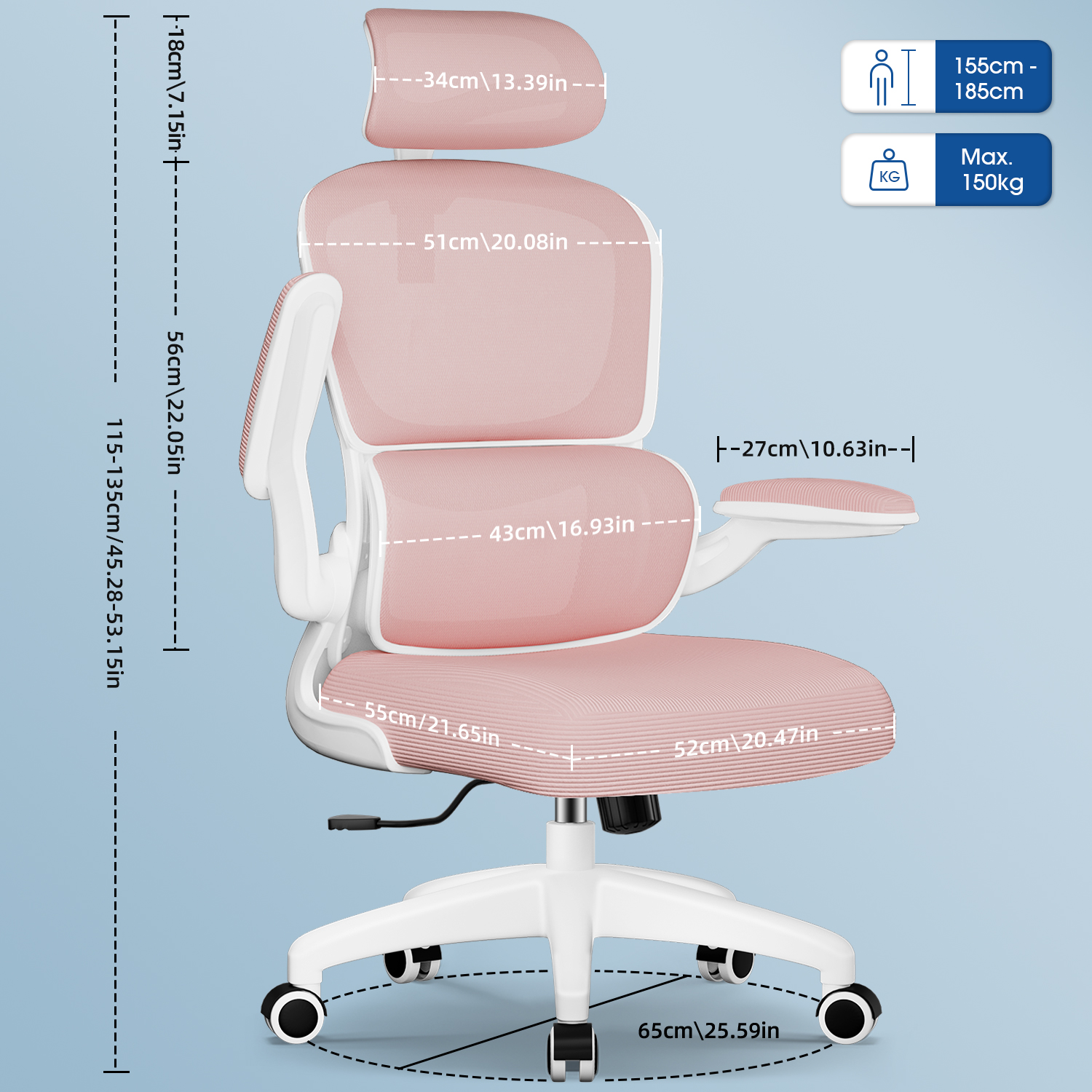 Ergonomischer Bürostuhl in Rosa und Weiß. Abmessungen und Spezifikationen werden angezeigt, einschließlich Höhe und Gewicht.