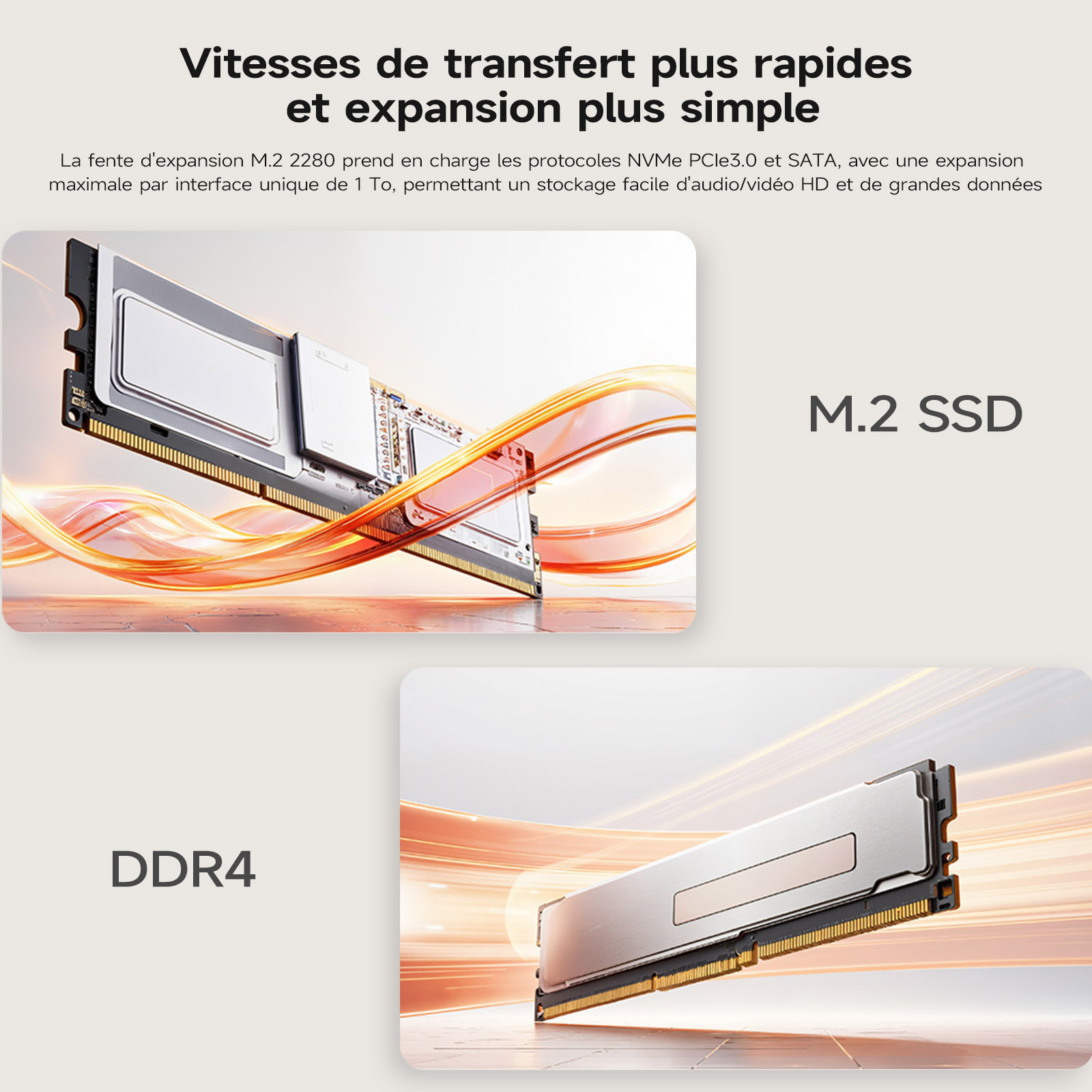 Das Bild zeigt M.2 SSD- und DDR4-Komponenten. Der Text hebt schnellere Übertragungsgeschwindigkeiten hervor.