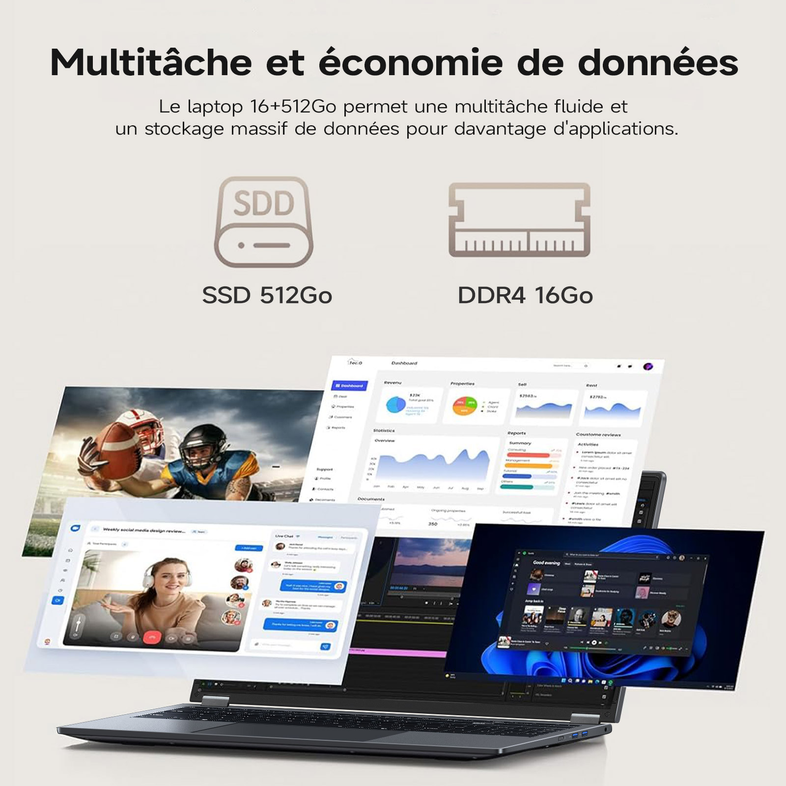 Laptop mit mehreren geöffneten Fenstern, darunter ein Footballspiel, ein Chat und ein Dashboard.