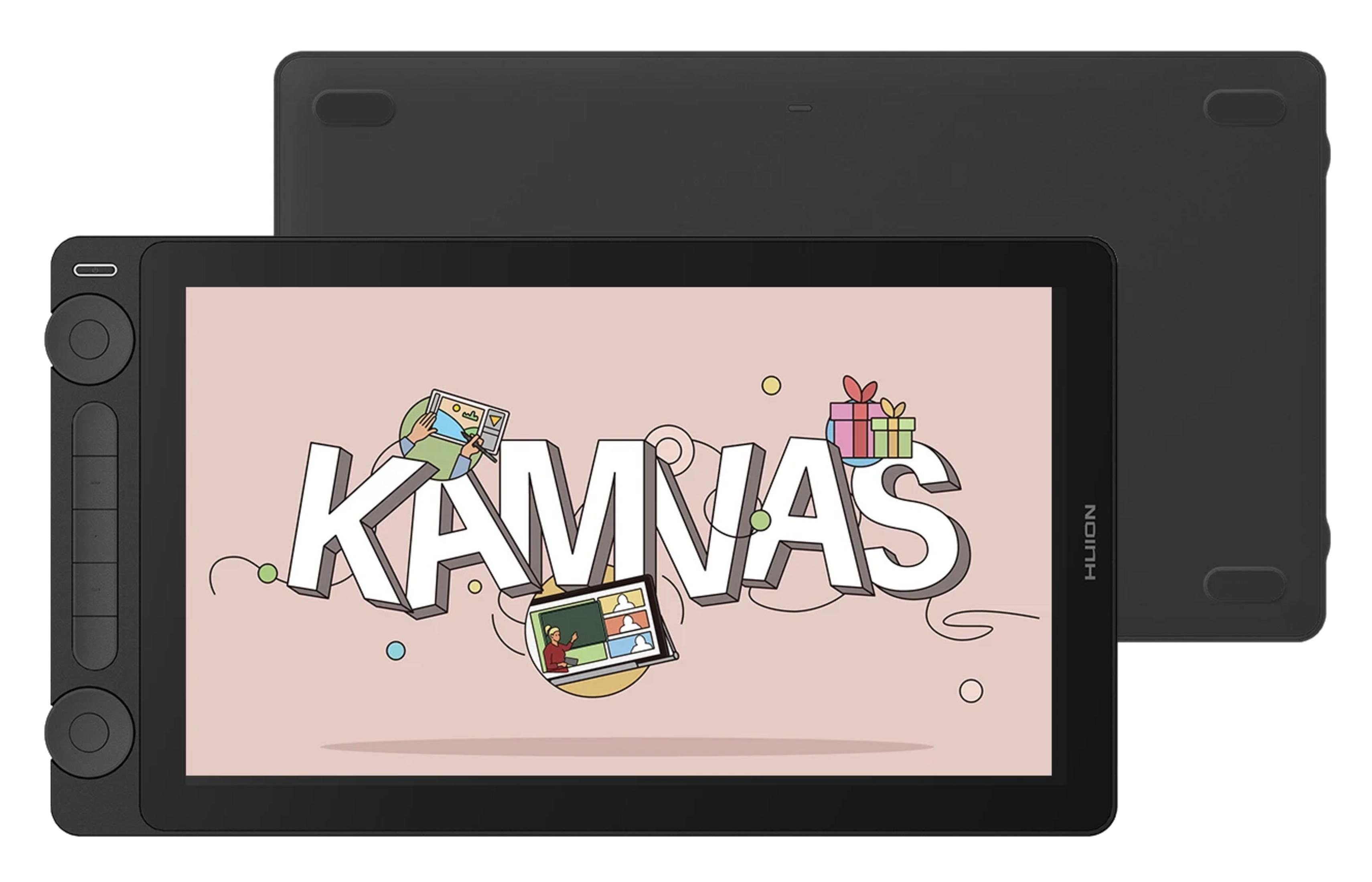 Tablet Huion Kamvas nero con schermo che mostra la parola "KAMVAS" e illustrazioni. Un altro tablet è dietro.
