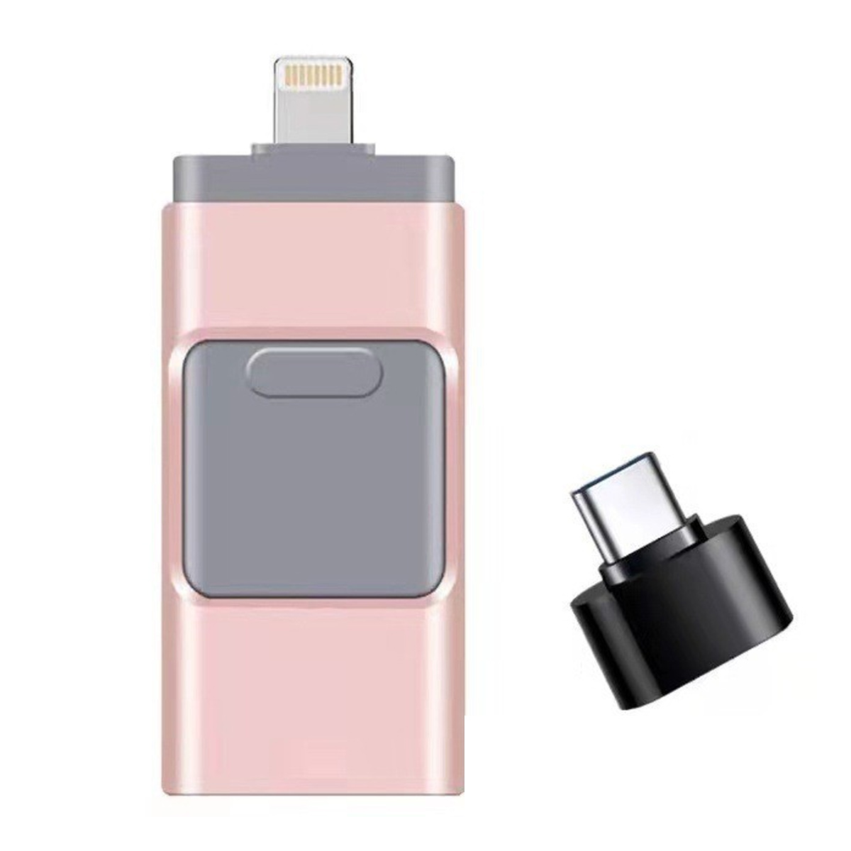 Ein roségoldener USB-Stick mit grauem Panel und Lightning-Anschluss. Ein separater schwarzer USB-C-Adapter rechts.