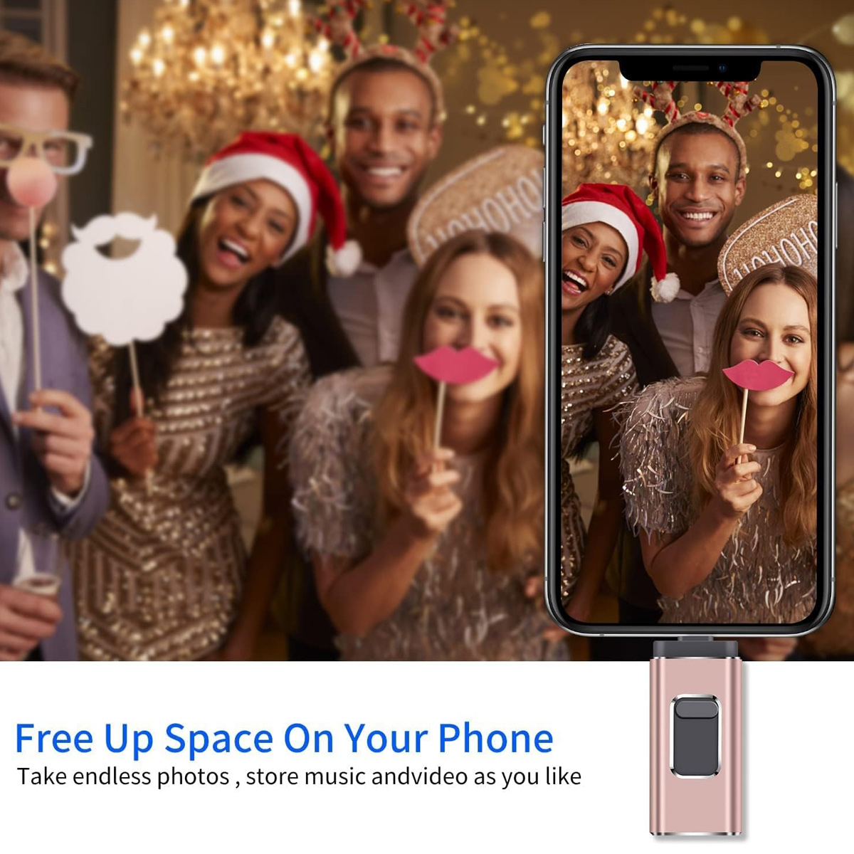 Gruppe von Menschen mit Requisiten, eine Person hält ein Telefon mit der Gruppe. Unten ist ein roségoldenes USB-Laufwerk. Text: Speicherplatz freigeben.