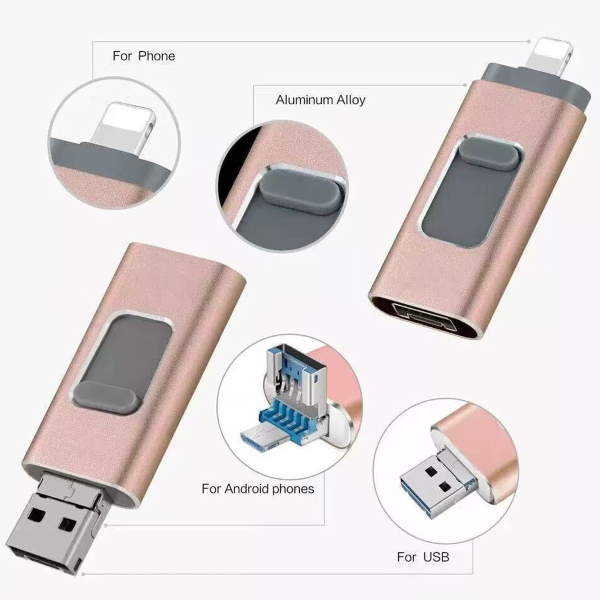 Roségoldfarbener USB-Stick mit USB-, Lightning- und Micro-USB-Anschlüssen. Enthält Details zur Telefon- und Android-Nutzung.
