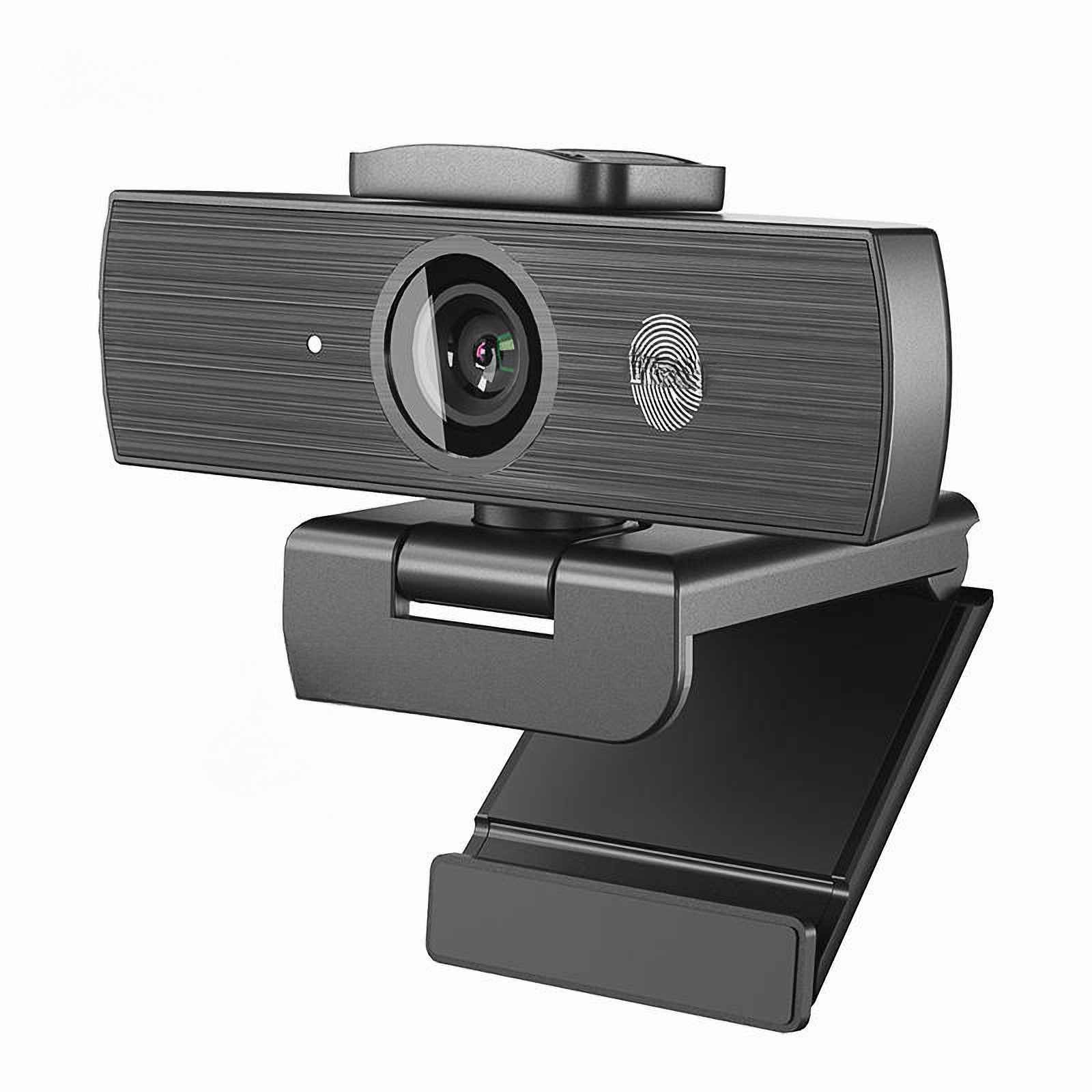 Eine schwarze Webcam mit Linse, Fingerabdrucksymbol und verstellbarem Ständer vor weißem Hintergrund.